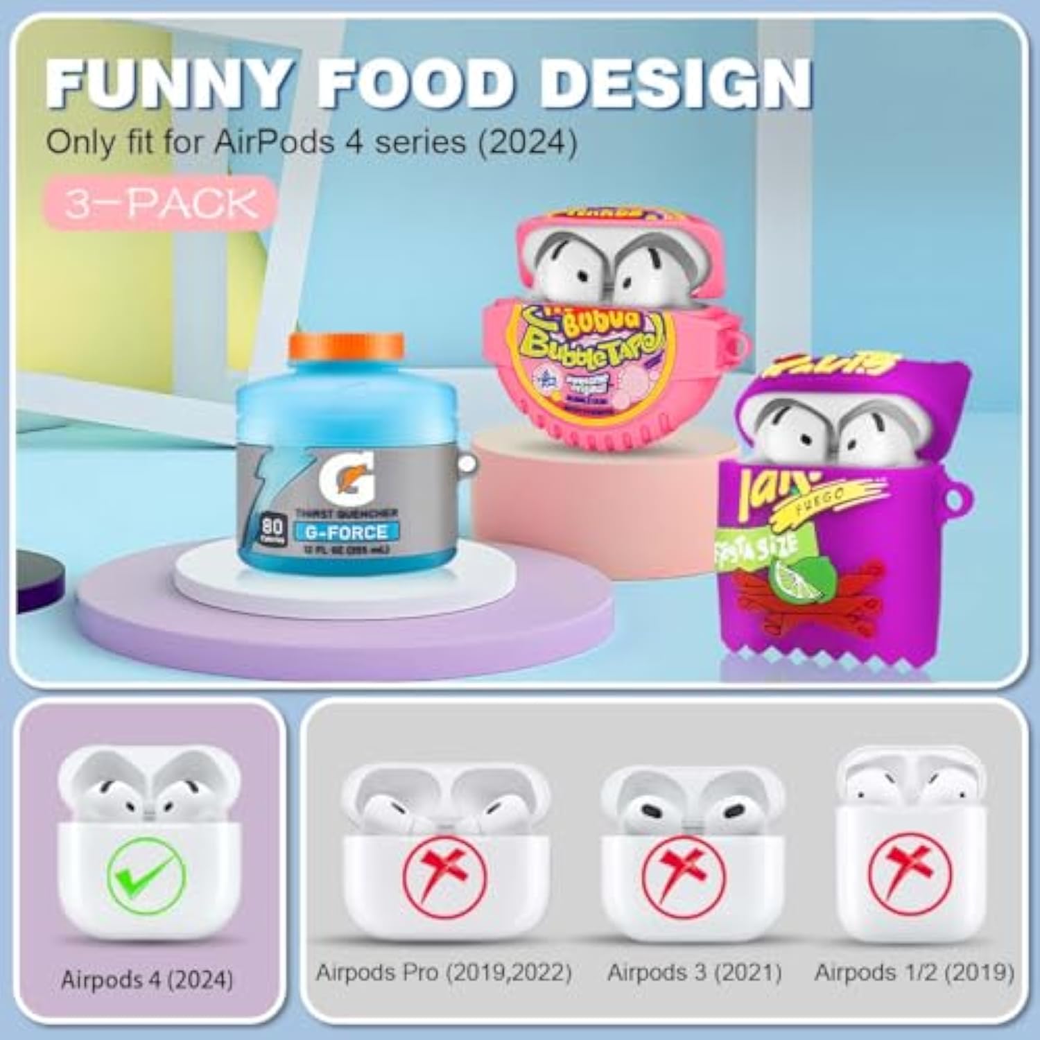 3Pack Cute Airpods 4 Case - 3D Cartoon Funny Food Design Silicone Cover Compatible For Airpods 4Th Generation - Cute Case Accessories With Keychain/Cleaner Pen (Blue+Purple+Pink)