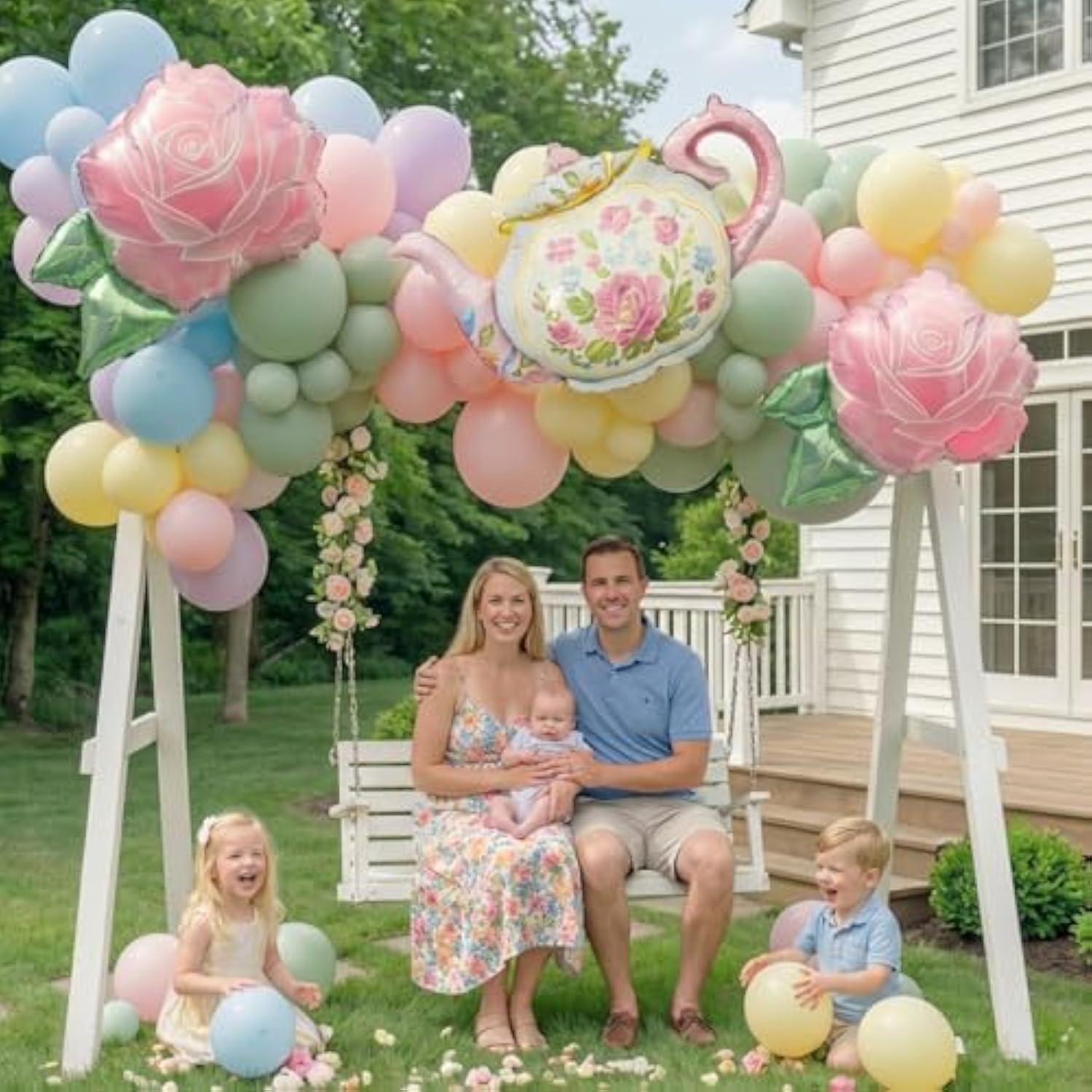 Spirng Balloon Garland Arch Kit Pastel Pink Green Blue Balloons With Teapot Flowers Balloons For Happy Easter Alice In Wonderland Spring Outdoor Tea Party 1St Birthday Baby In Bloom Decorations