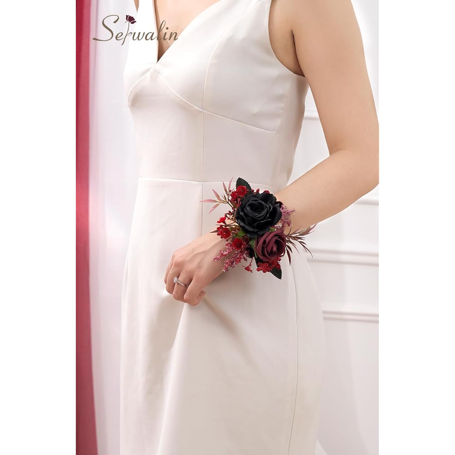 2 Pcs Wrist Corsage, 6-7 Inch Black Burgundy Corsage For Wedding, Bridesmaid Mother Grandmother, Artificial Flowers For Prom Ceremony Anniversary