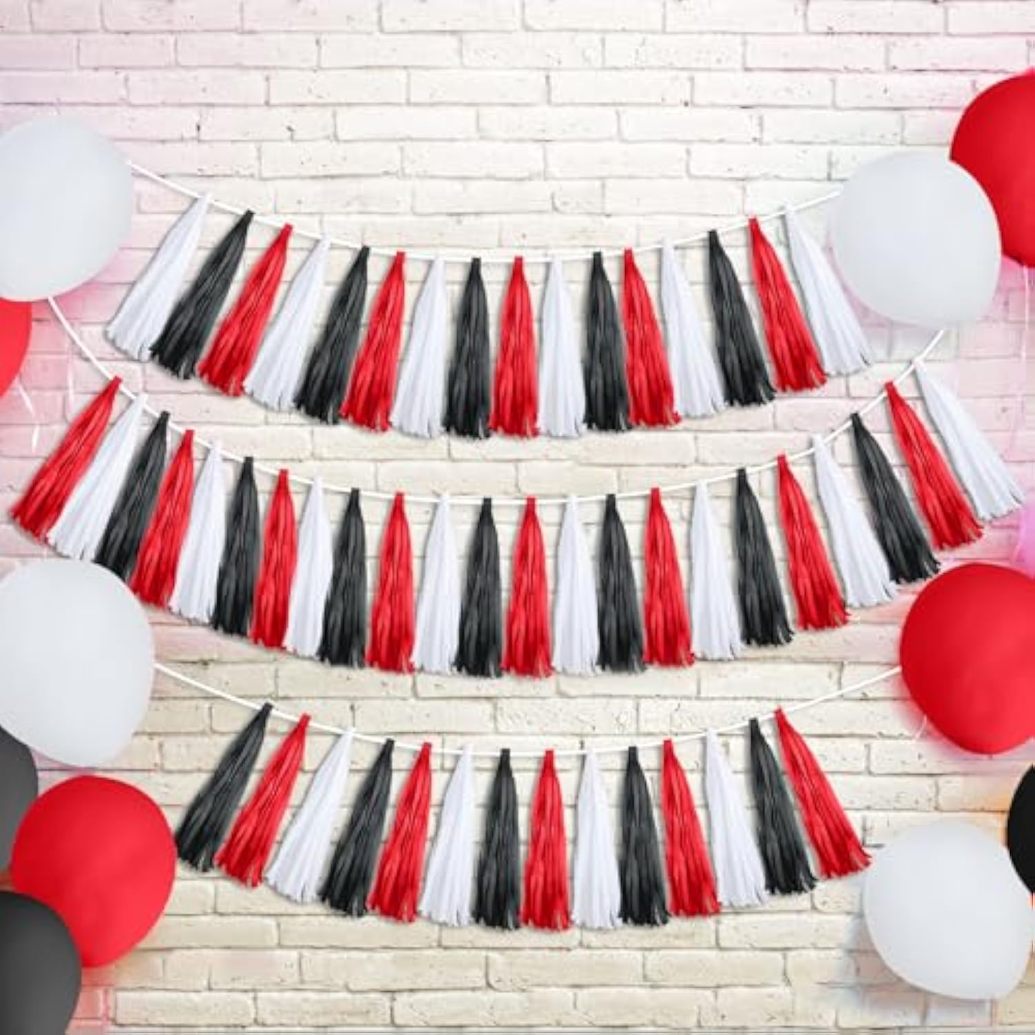 30 Pcs Red Black White Banner Party Decorations Paper Tissue Tassel Garland Diy Hanging America Decor For School Supplies Wedding Birthday Bridal Baby Shower Anniversary Independent Day
