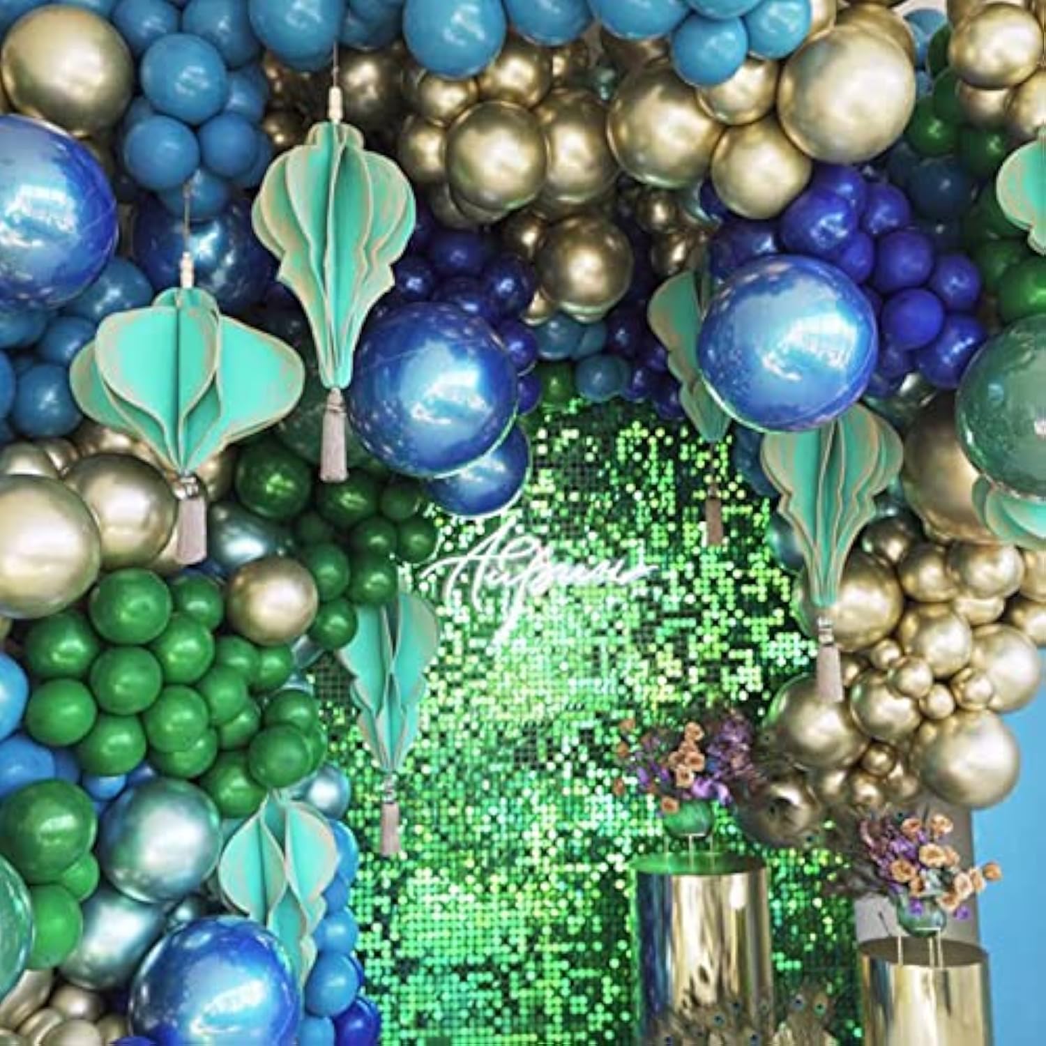 Blue & Green Balloon Garland Kit: Navy, Chrome, and Confetti Party Decor
