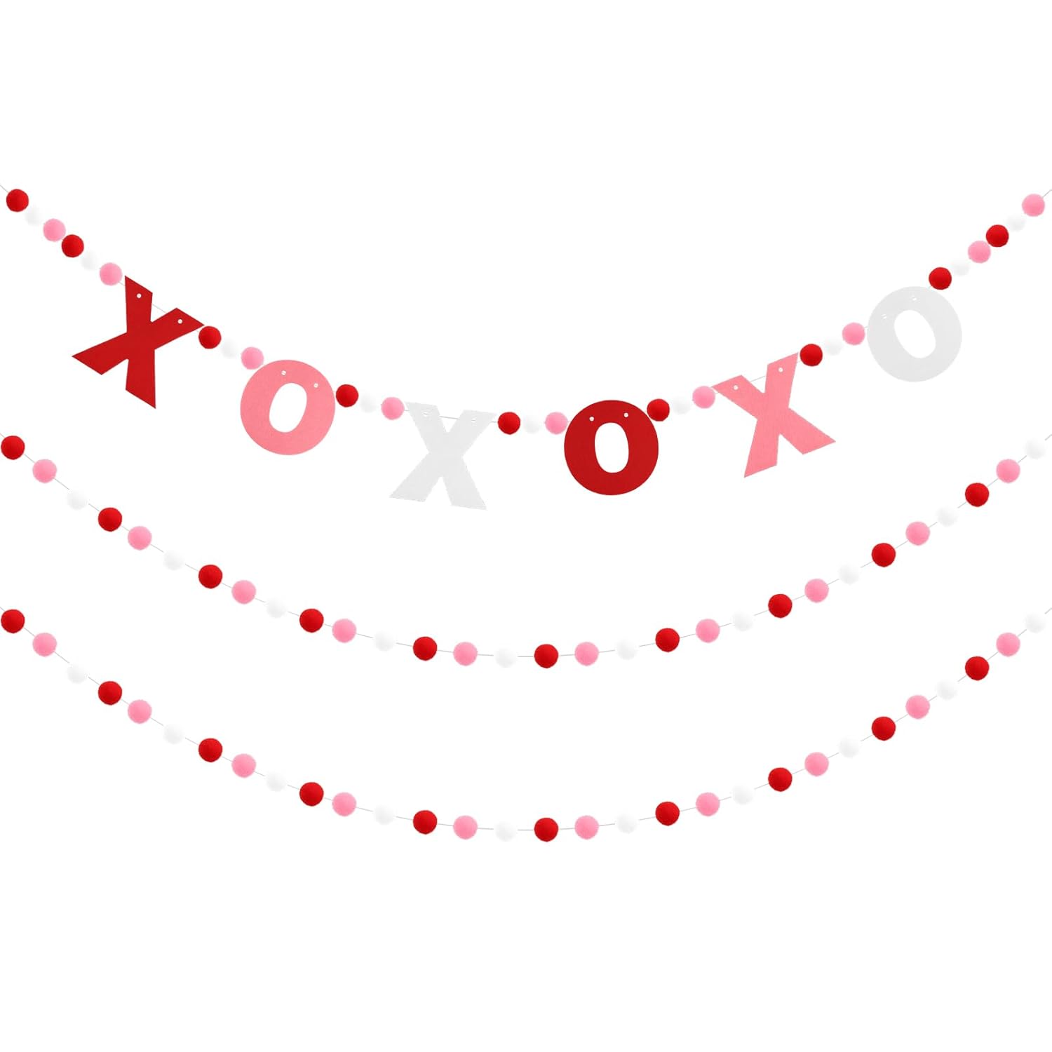 3Pcs Valentines Day Decorations Felt Pompom Banner Xoxo Love Felt Ball Pre-Assembled Hanging Banner Happy Valentine'S Day Garland For Wedding, Anniversary, Mantle, Wall, Party Supplies