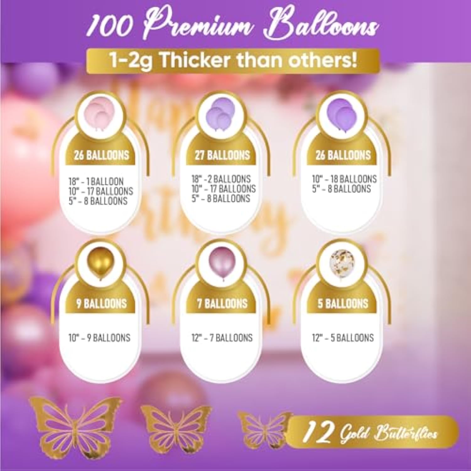 All-In-1 Pink And Purple Balloon Arch Kit & Garland With Bonus Gold Butterfly Balloon Arch Kit – Pastel Pinks And Purples Balloons For Girl Pink And Purple Party Decorations Or Baby Shower Decorations
