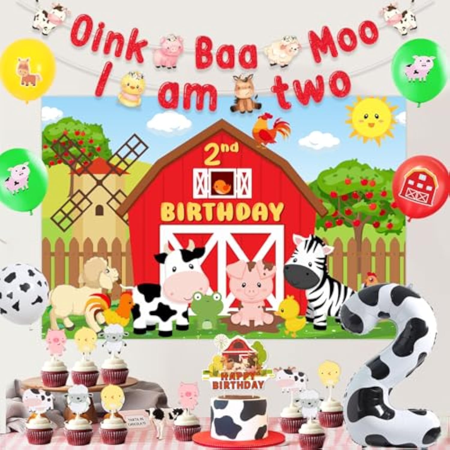 Farm Animal 2Nd Birthday Party Decorations, Oink Baa Moo I Am Two Party Decorations Backdrop Banner Cake Cupcake Topper Cow Print Number 2 Foil Balloon For Boy Girl 2 Year Old Birthday