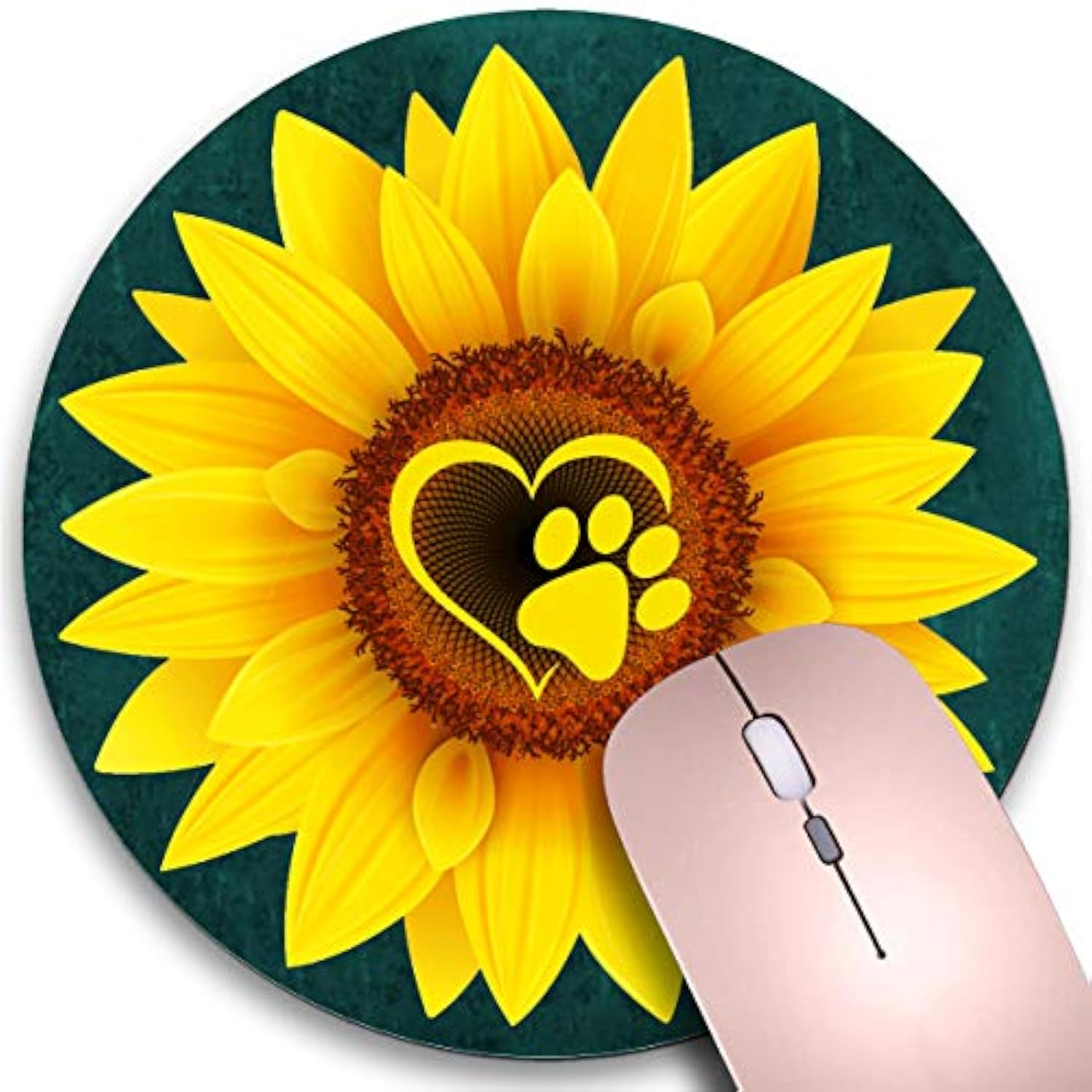 Round Mouse Pad,Cute Dog Paw Print Love Yellow Sunflower Non-Slip Rubber Circular Mouse Pads Customized Designed For Home And Office,7.9 X 7.9Inch