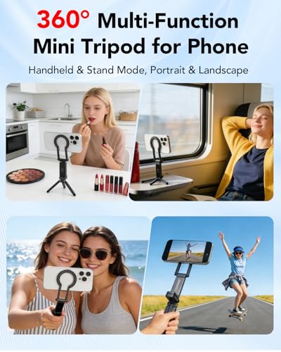 Magnetic Tripod for iPhone - Foldable Mini Pocket Phone Stand, Portable Selfie Stick Handle Grip with 360°, Airplane Travel Essentials, Phone Holders