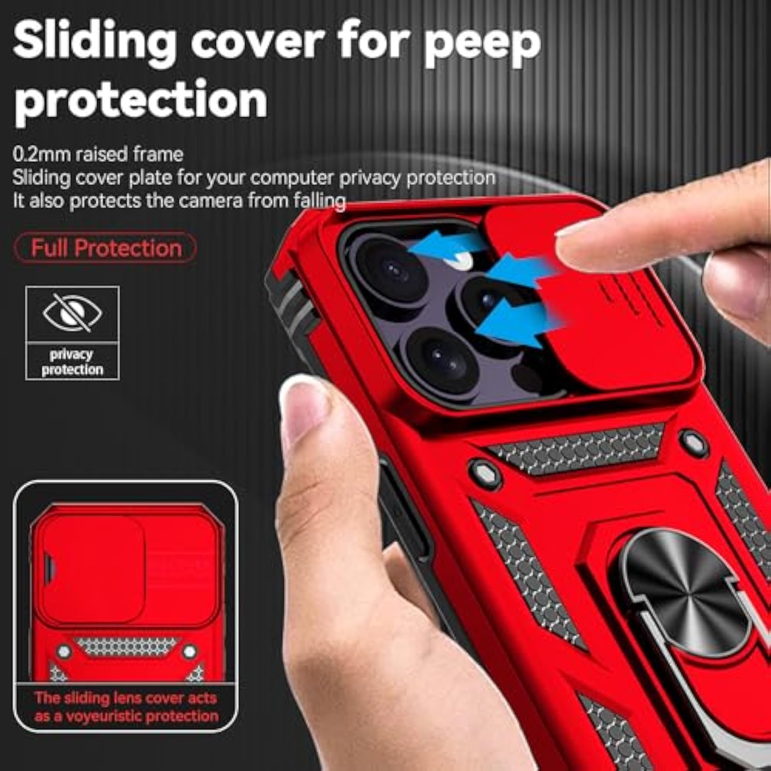 iPhone 14 Pro Max Military-Grade Case with HD Screen, Camera Cover, Ring Stand Red