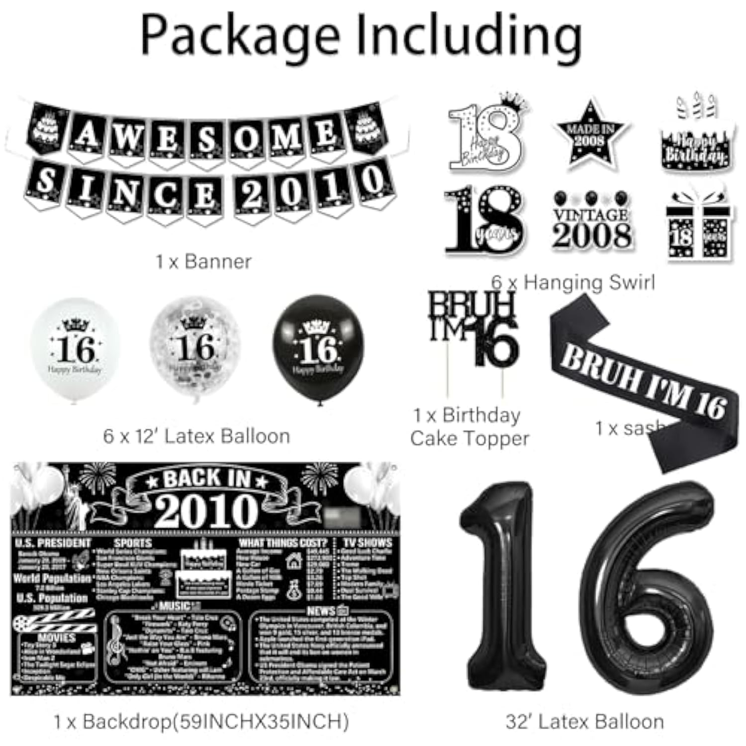Happy 16Th Birthday Decorations For Boys, Black And White Back In 2010 Birthday Party Supplies, 2010 Poster Banner, Bruh I'M 16 Sash, 16Th Cake Topper, Latex Balloon, 16 Year Old Set