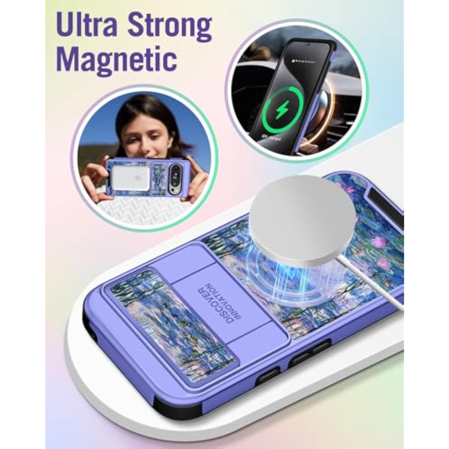 Cute Kawaii Blue Water Lily Case for Google Pixel 9 Pro XL with Ring Stand