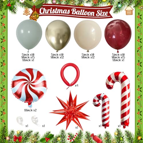Christmas Balloon Arch Garland Kit, Dusty Pastel Green Metallic Gold White Sand Ruby Red Long Latex Balloons with Large Cane Candy Exploding Star Foil Balloon for Xmas Baby Shower Party Decorations