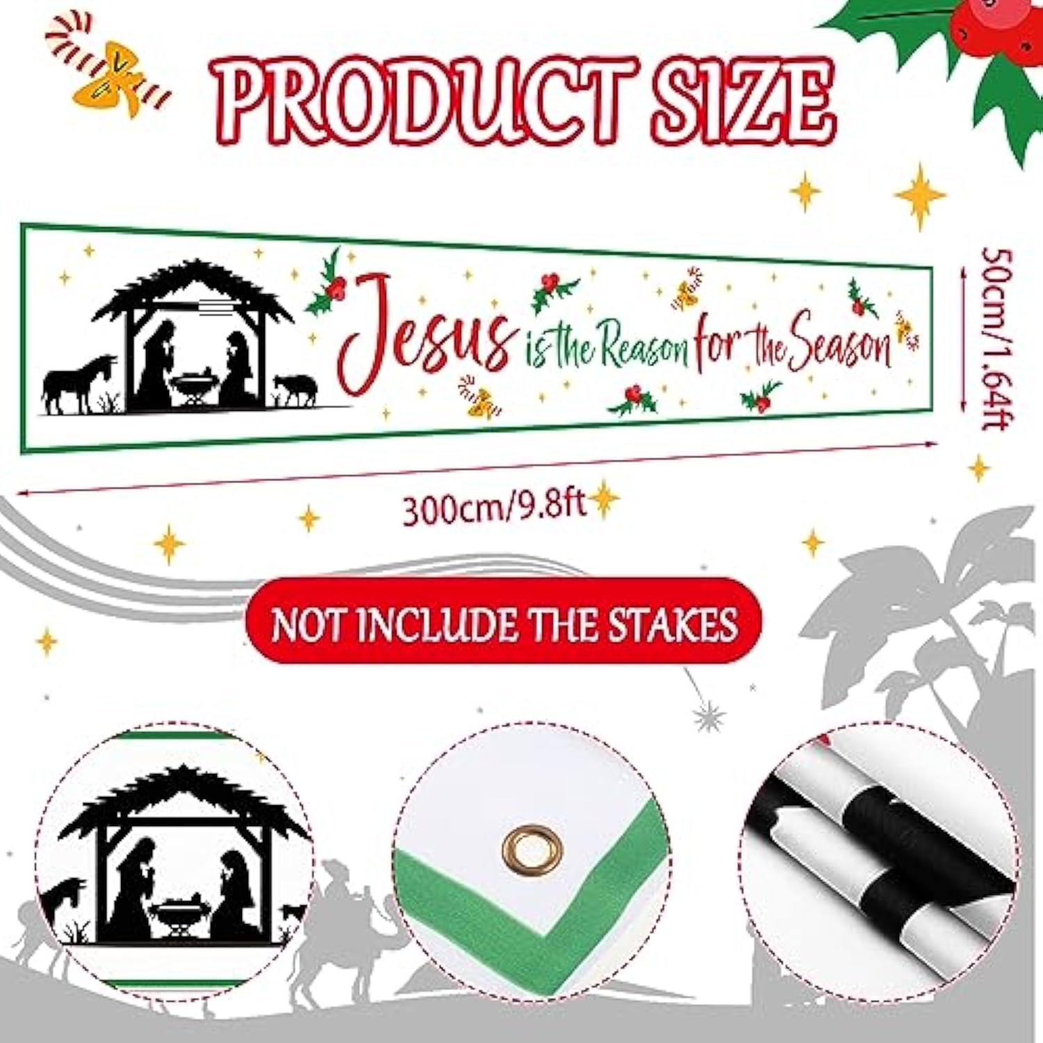 Jesus Is The Reason For The Season Banner Christmas Outdoor Decorations 9.8 X 1.6 Ft Nativity Manger Scene Yard Fence Sign For Religious Christian Christmas Xmas Winter Decor(White,Fresh)