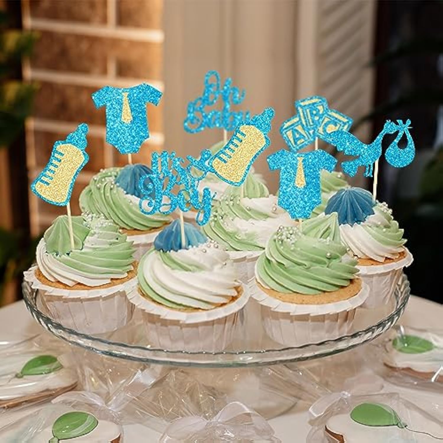 24Pcs Baby Shower Oh Baby Cupcake Toppers It'S A Boy Cupcake Picks Glitter Tie Onesie Baby Bottle Cake Picks Decorations For Gender Reveal Baby Shower Boys Birthday Party Supplies Blue