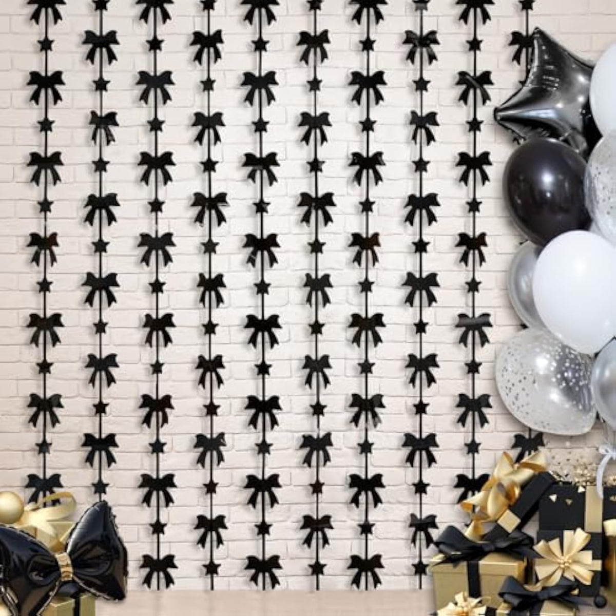 2 Pack Black Bow Party Decorations, Foil Fringe Curtains & Photo Backdrop for Parties