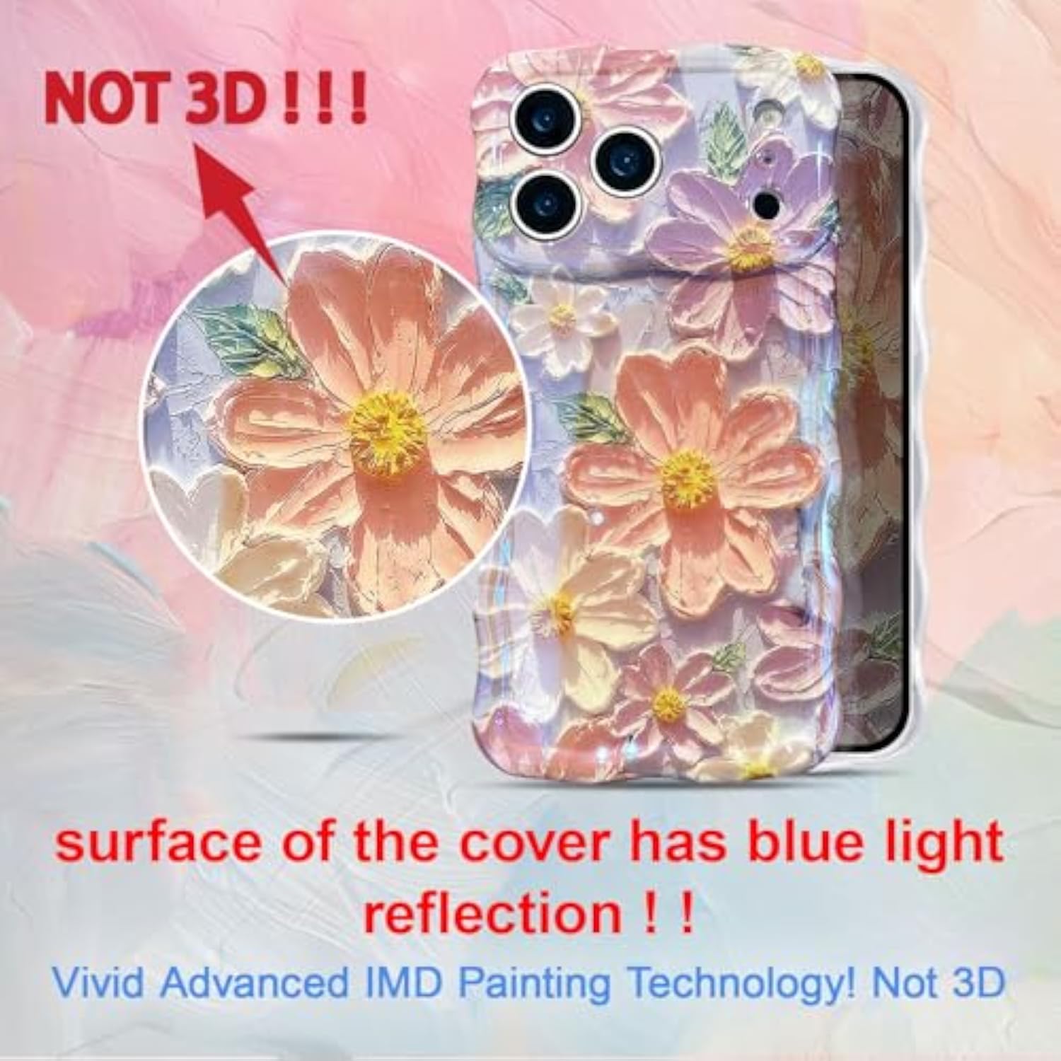 Colorful Retro Oil Painting Girly Phone Case for iPhone 17 Pro Max, Pretty Glossy Pattern Wave Cover, Cute Sparkly Floral Curly Shell for Women and Girls, Pink Purple