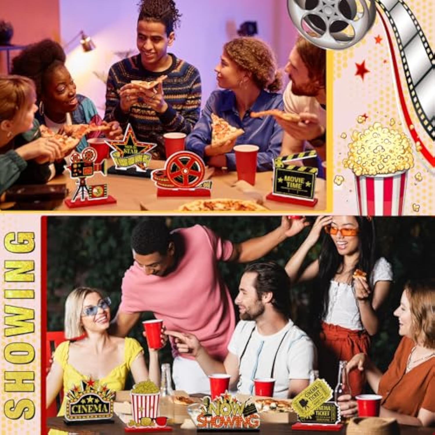 9 Pcs Movie Night Party Decorations Movie Theme Wooden Table Centerpieces Theater Now Showing Table Sign Cinema Popcorn Star Tabletop Decor For Home Film Birthday Party Supplies