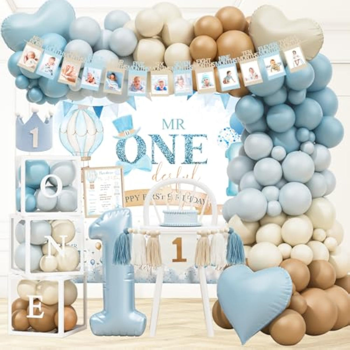 1St Birthday Decorations For Boy, First Birthday Party Supplies, Baby Boy First Birthday Decorations, Balloon Boxes, Backdrop, High Chair Banner, Crown, Photo Banner