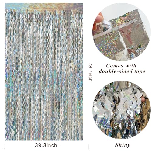 2 Pack Silver Backdrop Curtain Tinsel Streamers Sparkle Metallic Wavy Foil Fringe Photo Booth Props for Birthday Graduation Bachelorette New Year Christmas Wedding Disco Party Decorations