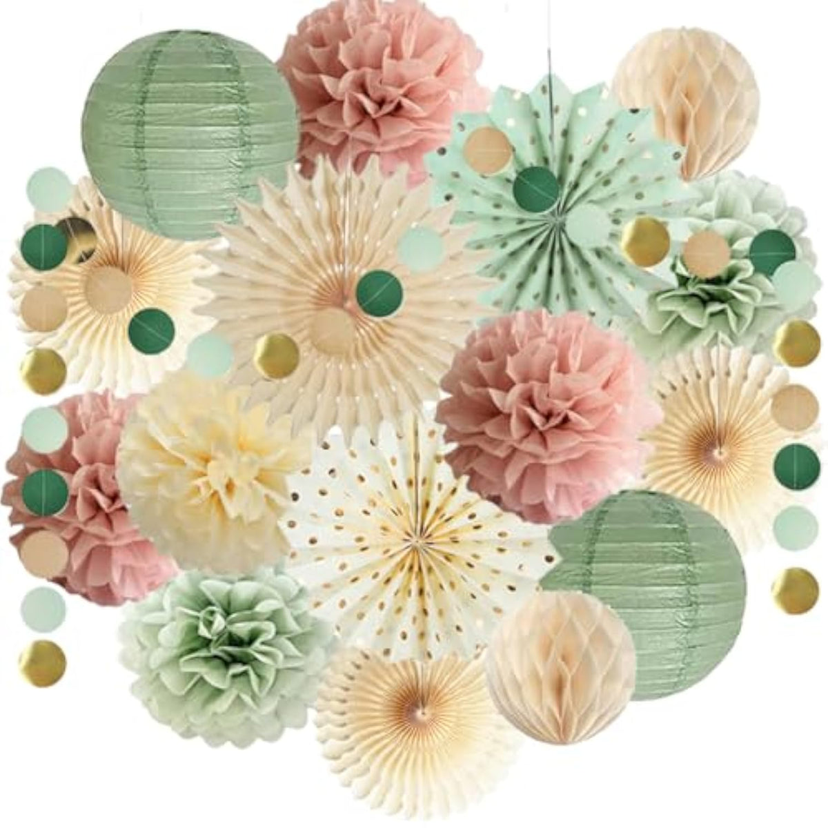 Sage Green And Pink Party Decorations Sage Green Party Decor Sage Pink Cream Paper Pom Poms Paper Fans Cicle Dots Garland For Women Girls Birthday Baby Shower Bridal Shower Wedding Party Decor