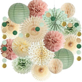 Sage Green And Pink Party Decorations Sage Green Party Decor Sage Pink Cream Paper Pom Poms Paper Fans Cicle Dots Garland For Women Girls Birthday Baby Shower Bridal Shower Wedding Party Decor