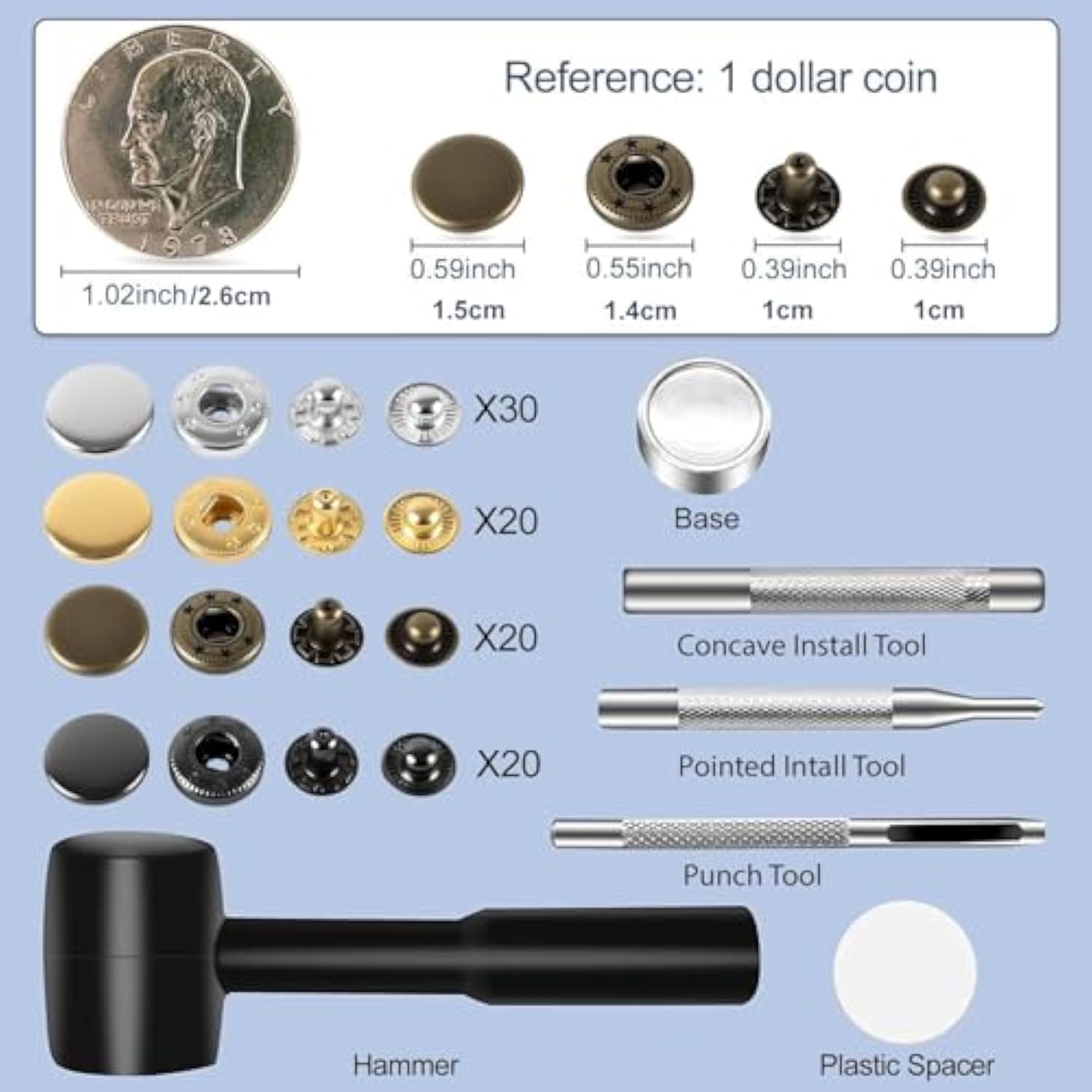 15Mm Leather Snap Button Kits With Hammer Punch Spacer, 90 Sets Metal