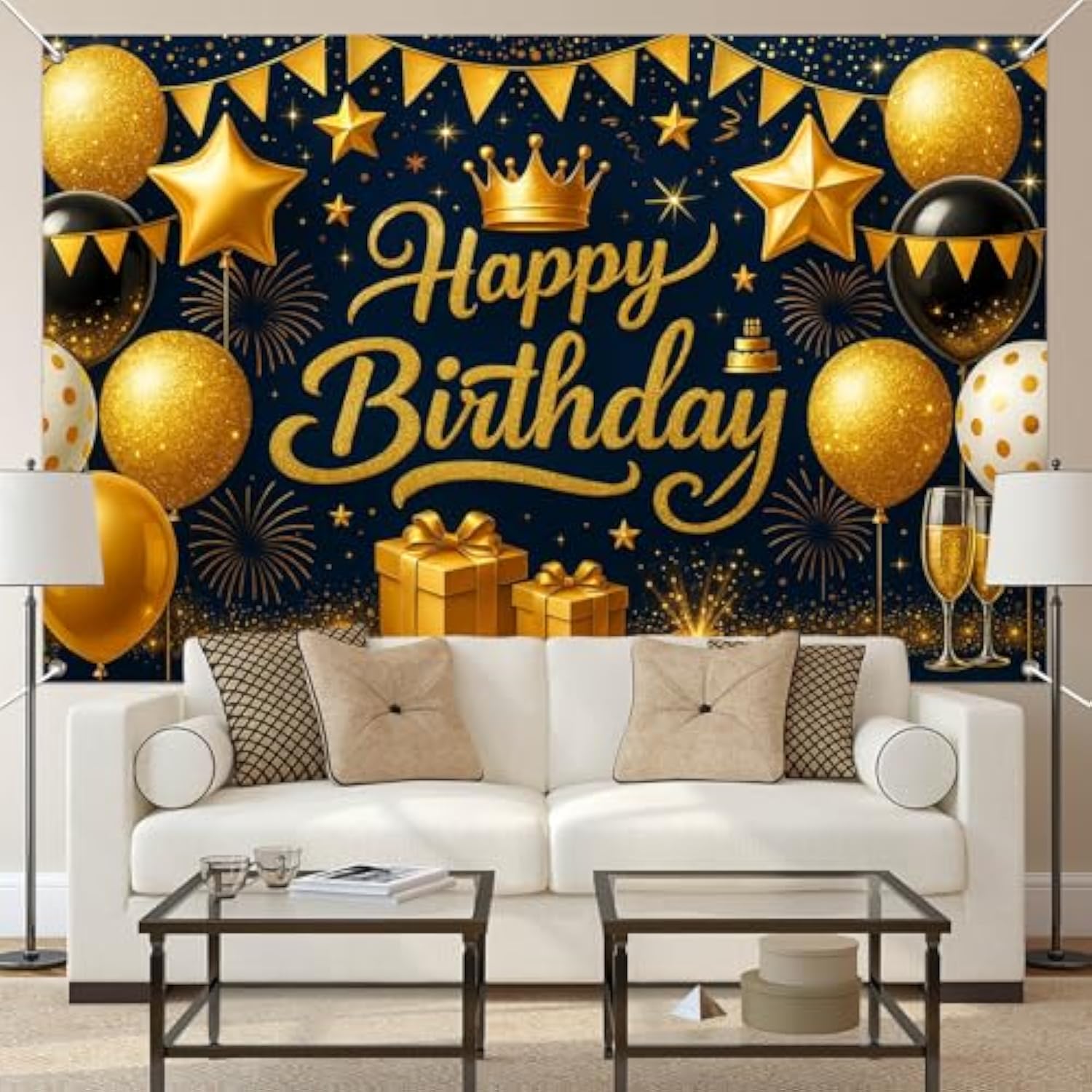 Birthday Decoration Banner 71X43 Inch Black And Gold Happy Birthday Backdrop With Balloons Stars Crowns And Gifts For Elegant Party Wall Photo Decor