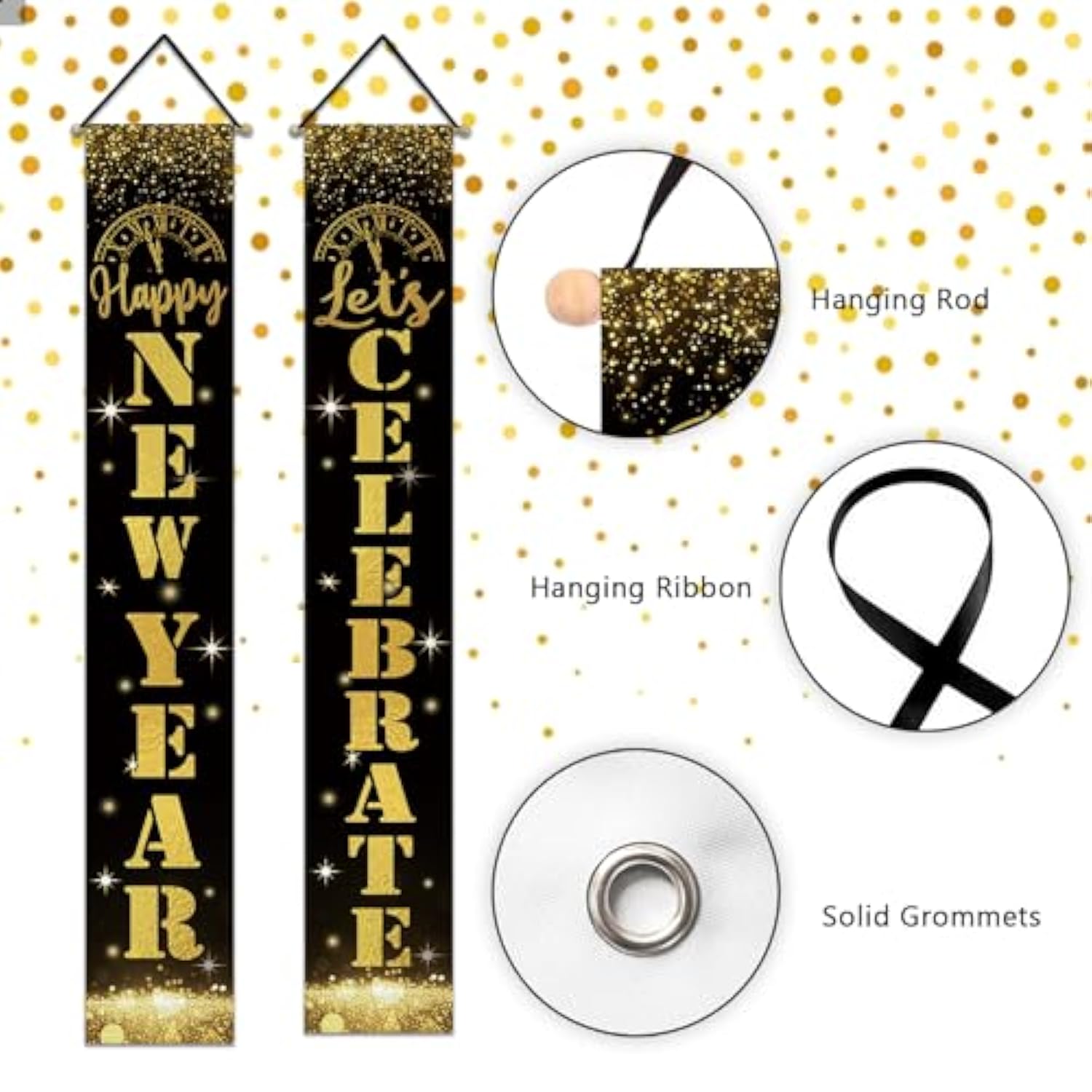 Happy New Year 2026 Porch Banner in Black Gold Glitter for Holiday Party Decor
