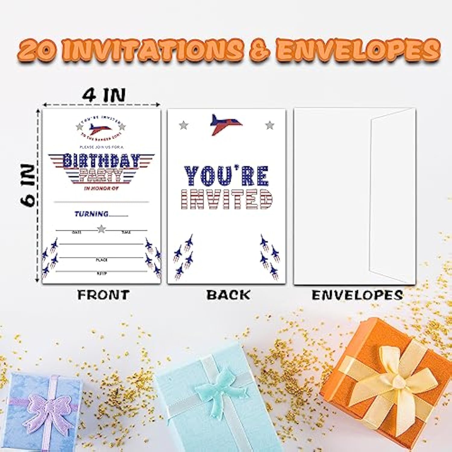 Fighter Jet Birthday Invitations For Boys Girls, Birthday Party Supplies And Decoration, 20 Cards With 20 Envelopes -C10