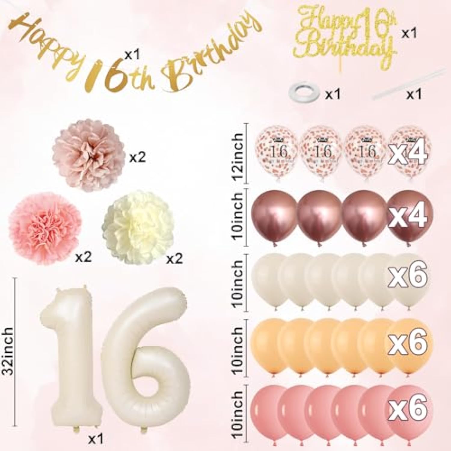 16Th Birthday Decorations Retro Blush Pink Sweet 16 Girls Birthday Balloons Happy 16Th Banner Cake Toppers Rose Gold Number 1 6 Balloon Pom Poms For 16 Year Old Bday Party Decoration Supplies