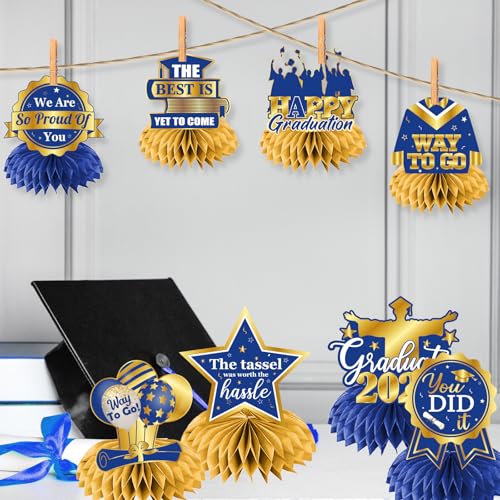 Graduation Table Decorations,12pcs Blue and Gold Graduation Decorations Class Of 2026 Honeycomb Centerpieces Congrats Graduation Centerpieces for Tables,Blue Graduation Table Centerpieces