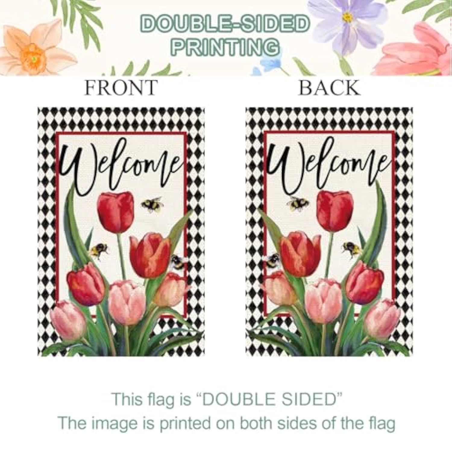 Spring Easter Tulip Welcome House Flag 28 X 40 Inch Double Sided Burlap Spring Flowers Floral Buffalo Plaid Large Yard Flag Summer Holiday Seasonal Outdoor Outside Decoration
