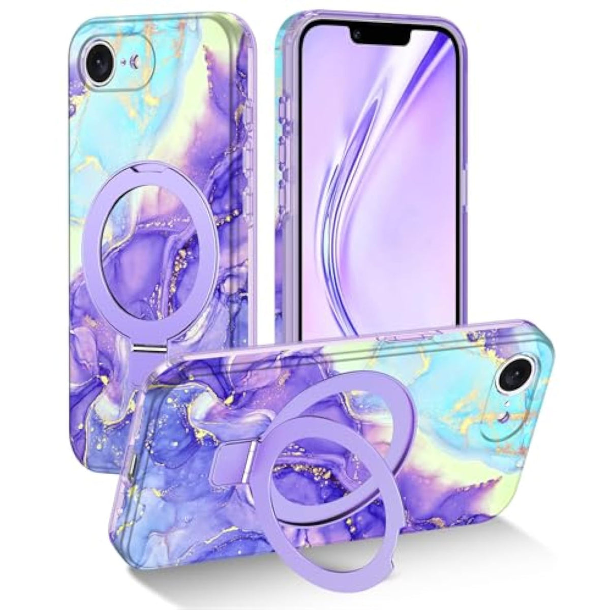 For 16E Case 2025 With Magnetic Invisible Ring Stand [Compatible With Magsafe], Full Body Rugged Slim Women Men Girl Shockproof Marble Pattern Design Case, Violet