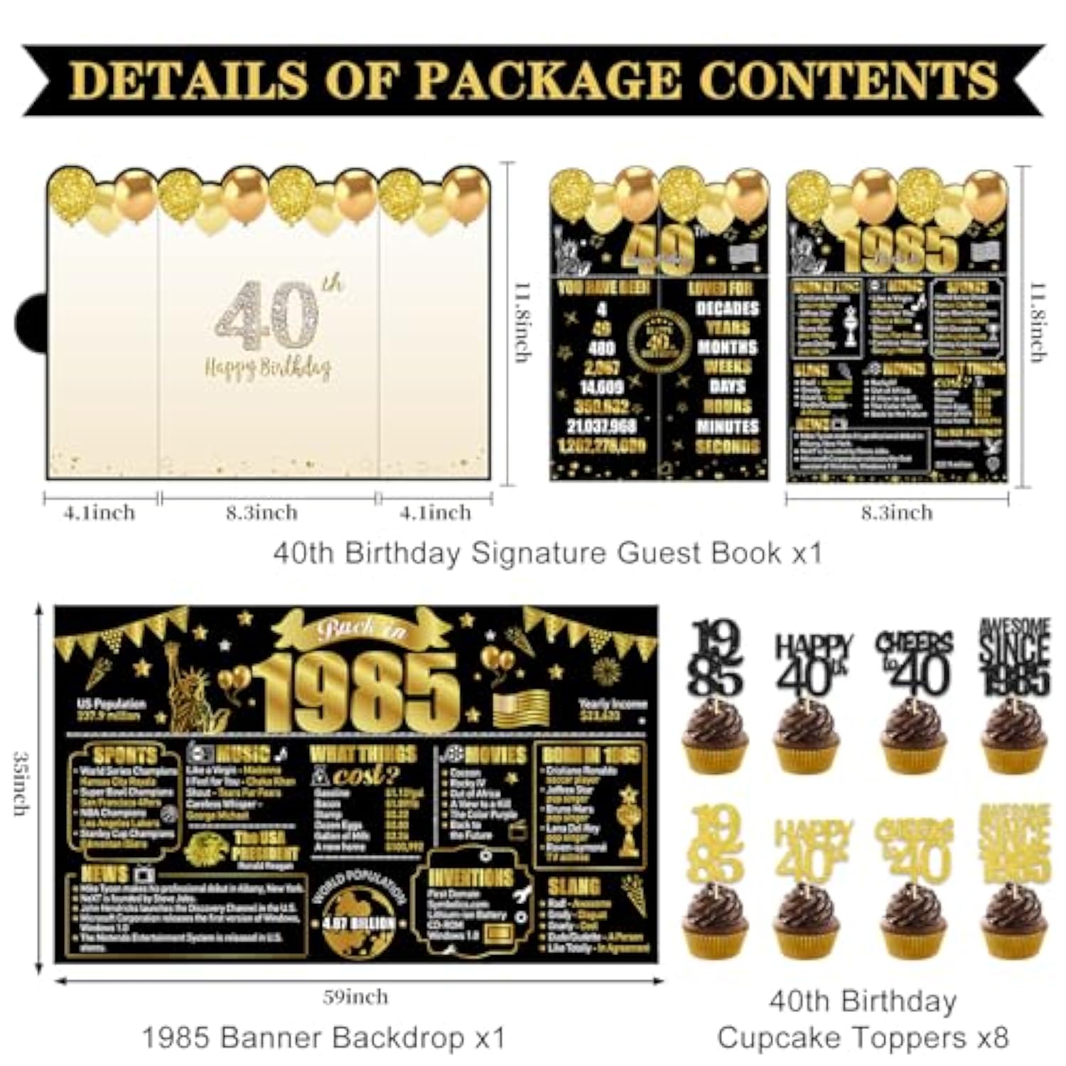 40Th Birthday Decorations For Men Women, Black Gold Awesome Since 1985 Banner Backdrop Happy 40Th Birthday Signature Guest Book Number 40 Balloon Cheers To 40 Years Old Sash Cake Topper Party Supplies