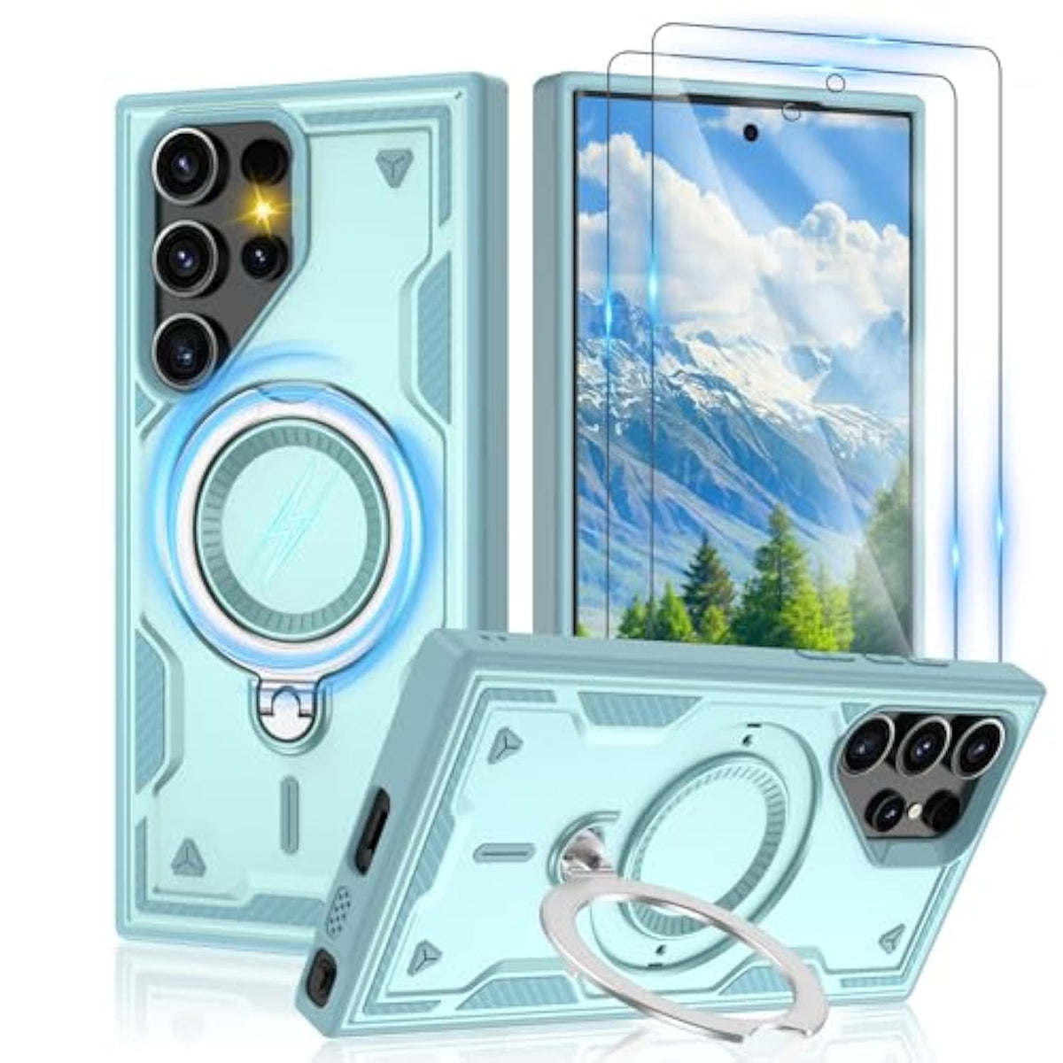 For Samsung Galaxy [S23 Ultra / S22 Ultra] Case ?compatible With Mag-Safe, Military-Grade Drop Protection, Rotating Metal Kickstand + 2X Hd Screen Protectors,Baby Blue