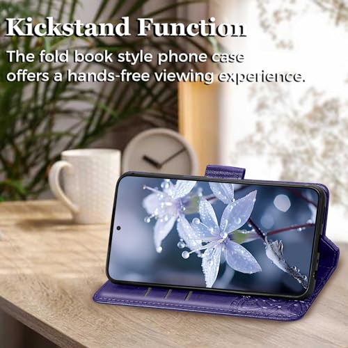 For Galaxy S25 5G Phone Case Wallet,Women Flip Folio Cover With Credit Card Holders Slots Butterfly Embossed Pu Leather Kickstand Wrist Strap Purse For Samsung S25 (Purple)