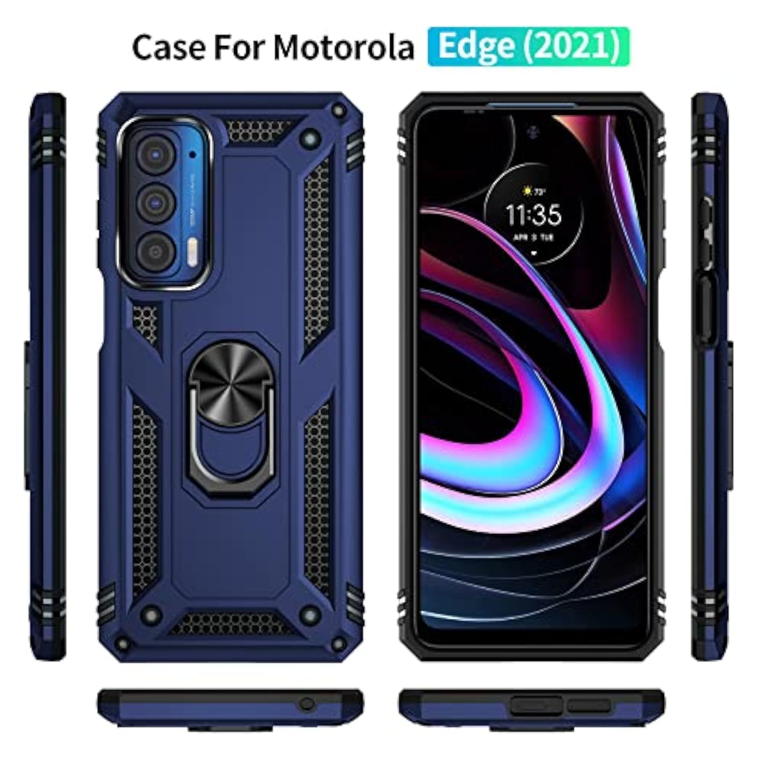 For Moto Edge 2021 Case,With Screen Protector,[Military Grade] 16Ft Drop Tested, Magnetic Kickstand Protective Case For Moto Edge 5G Uw, Blue
