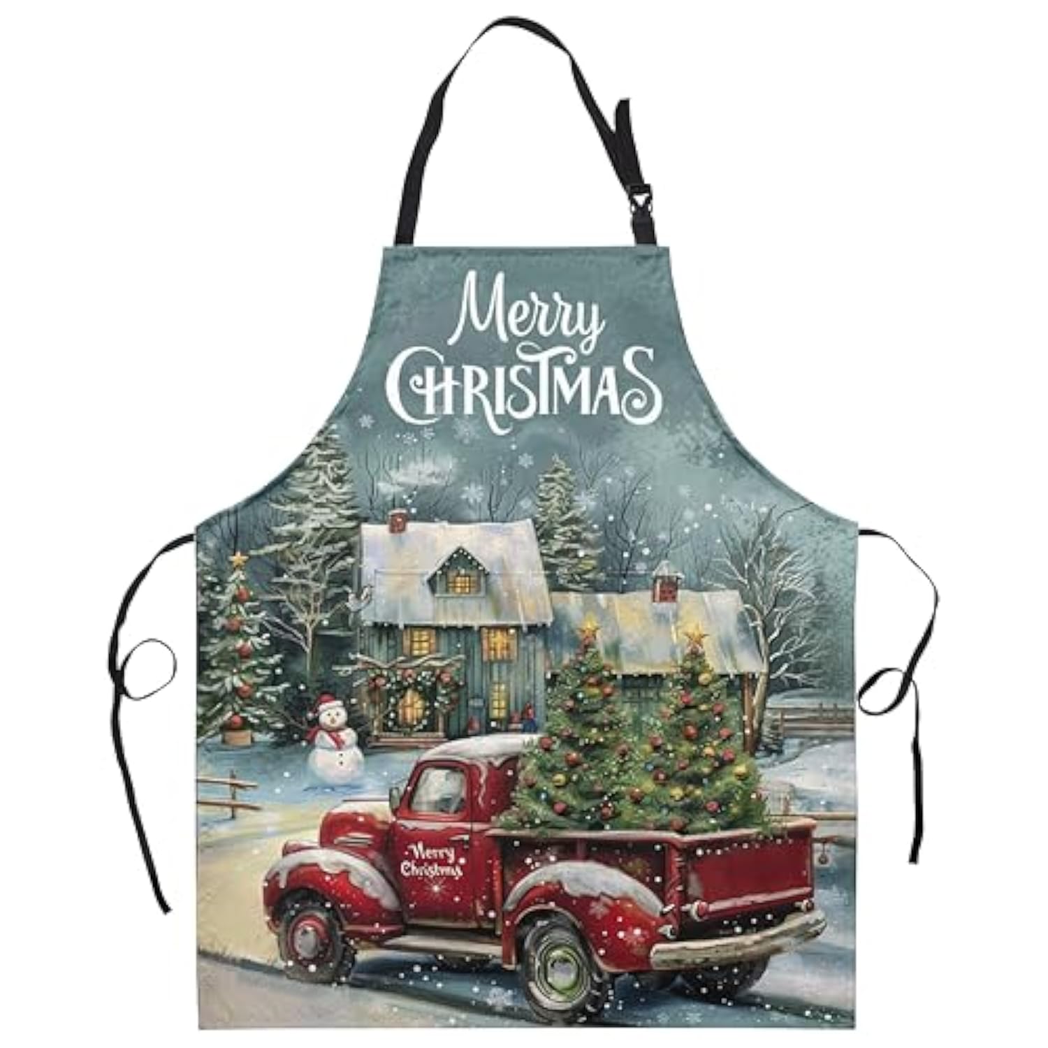 Merry Christmas Apron Vintage Red Truck With Xmas Tree Kitchen Aprons With Two Pockets Winter Cabin Snowman Aprons With Adjustable Strap For Baking, Cooking, Crafting, Sewing