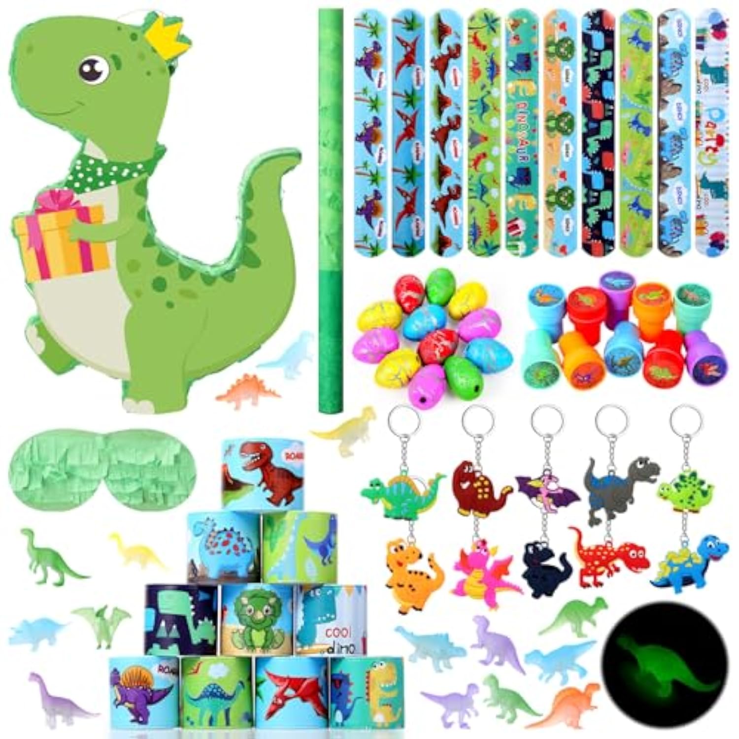 107 Pcs Dinosaur Birthday Party Favors Piñata Set Dino Decoration 16.5 X 11.8 X 3.1 Inch Dinosaur Birthday Piñata With Stick Blindfold For Party Favors(Green,Lovely)