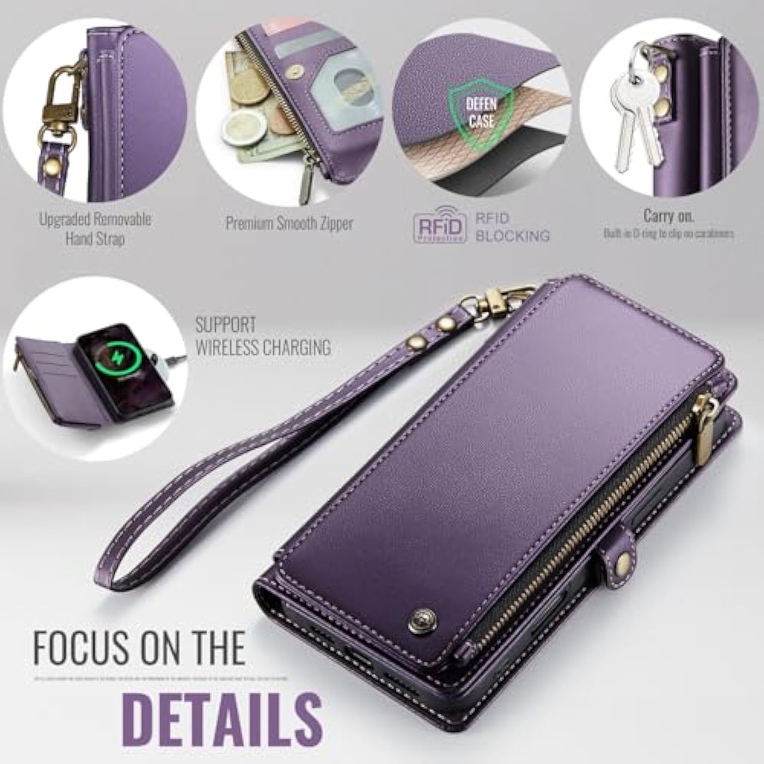 Compatible With Iphone 11 Case Wallet With Rfid Blocking Card Holder For Women And Men, Fashion Pu Leather Magnetic Snap Flip Zipper Strap Wallet Phone Case Fit For Iphone 11 6.1", Purple