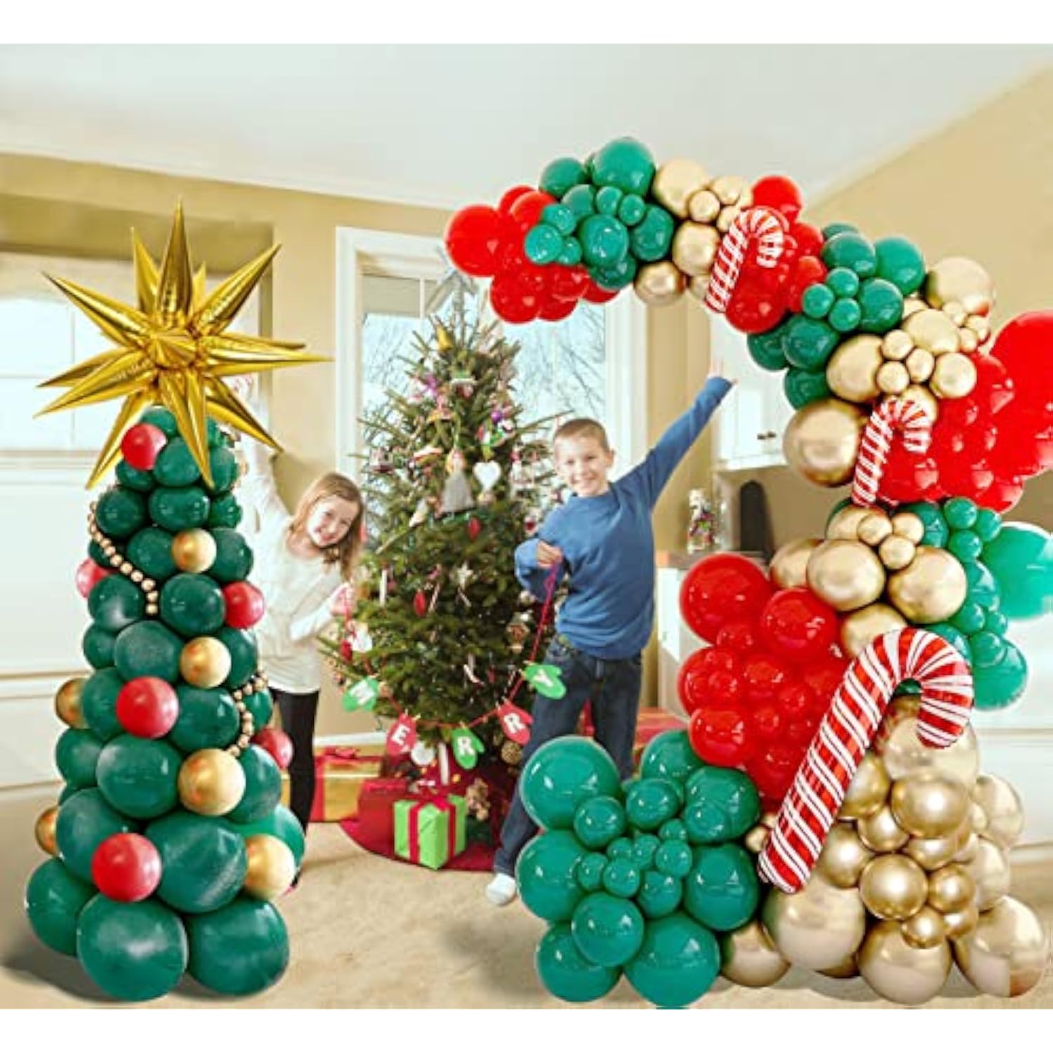 Christmas Balloons Garland Arch Kit With Red Green Gold Tree Candy Cane Golden Water Droplets Exploding Star Balloon For Christmas Party Decorations
