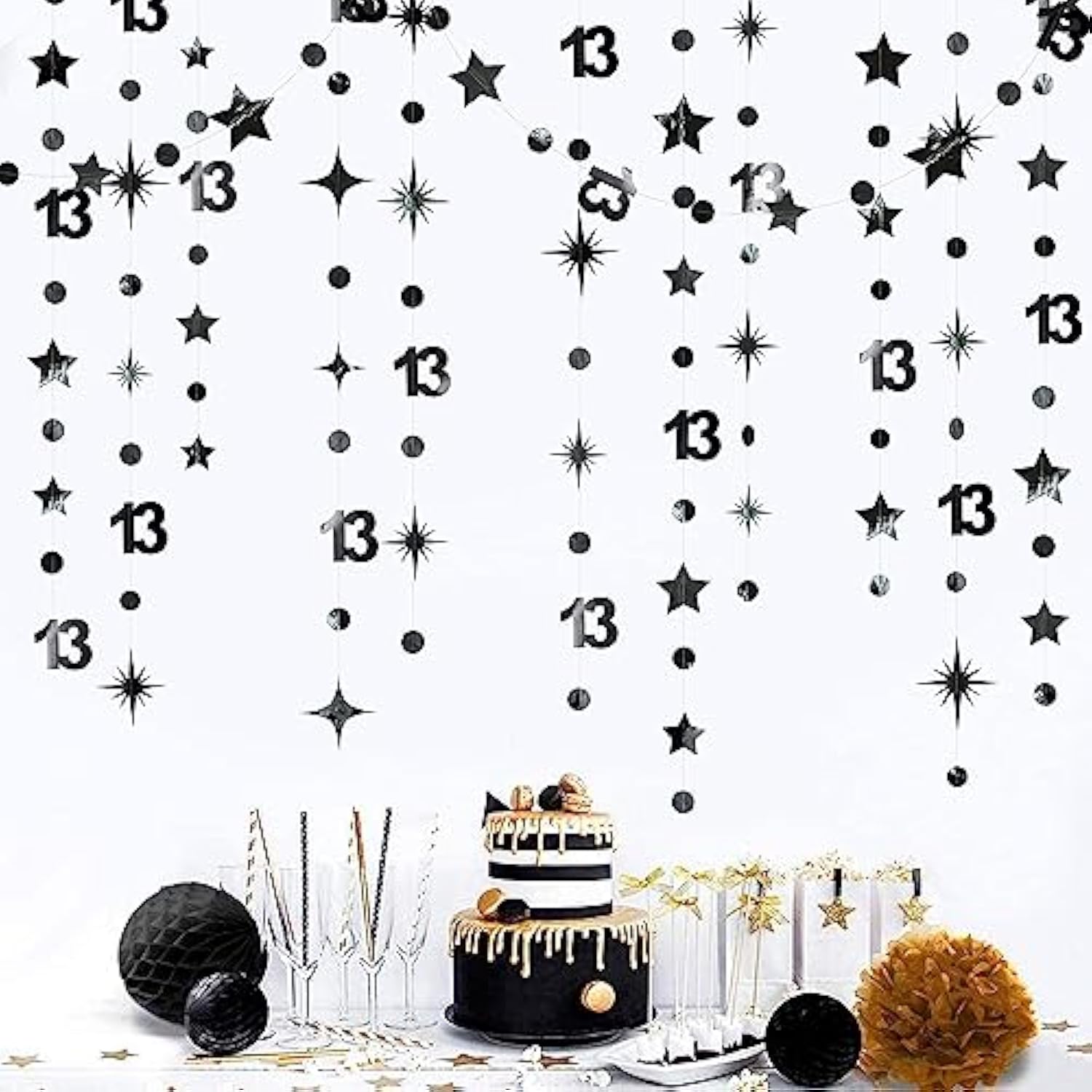 Black 13th Birthday Decorations – Metallic Star & Number 13 Garland Banner for Teen Party Decor