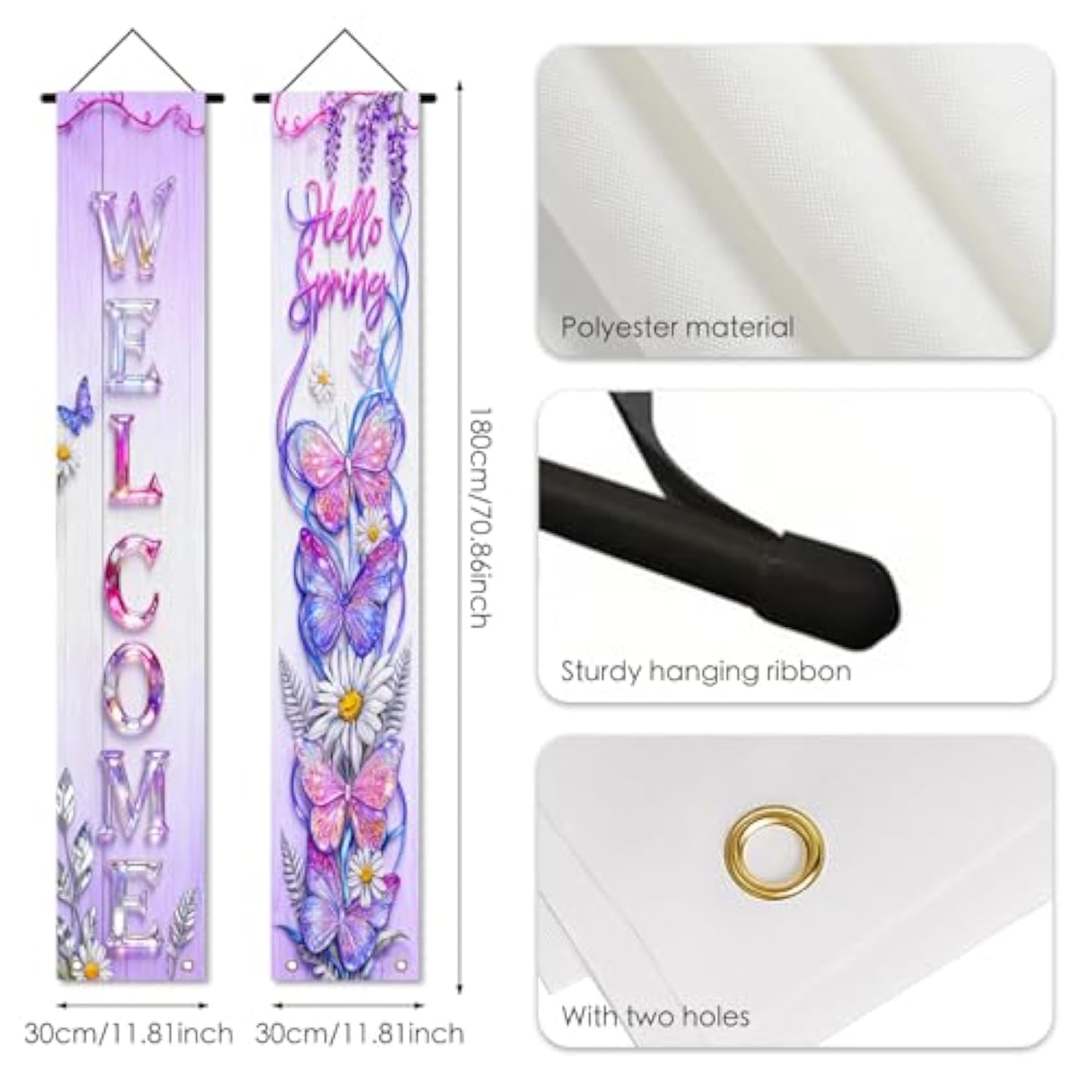 Welcome Hello Spring Butterfly Wisteria Door Banner Polyester 70X12 Inches - Door Banners For Outside, Spring Butterfly Decor For Home, Garden, Outdoor
