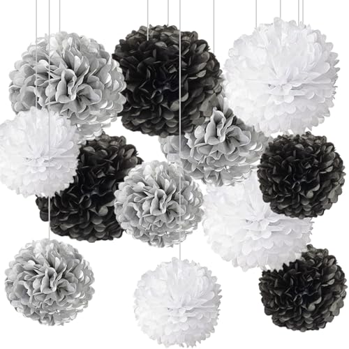 Black,White and Silver Hanging Tissue Paper Pom Poms,Black White Party Decorations(12 PCS)