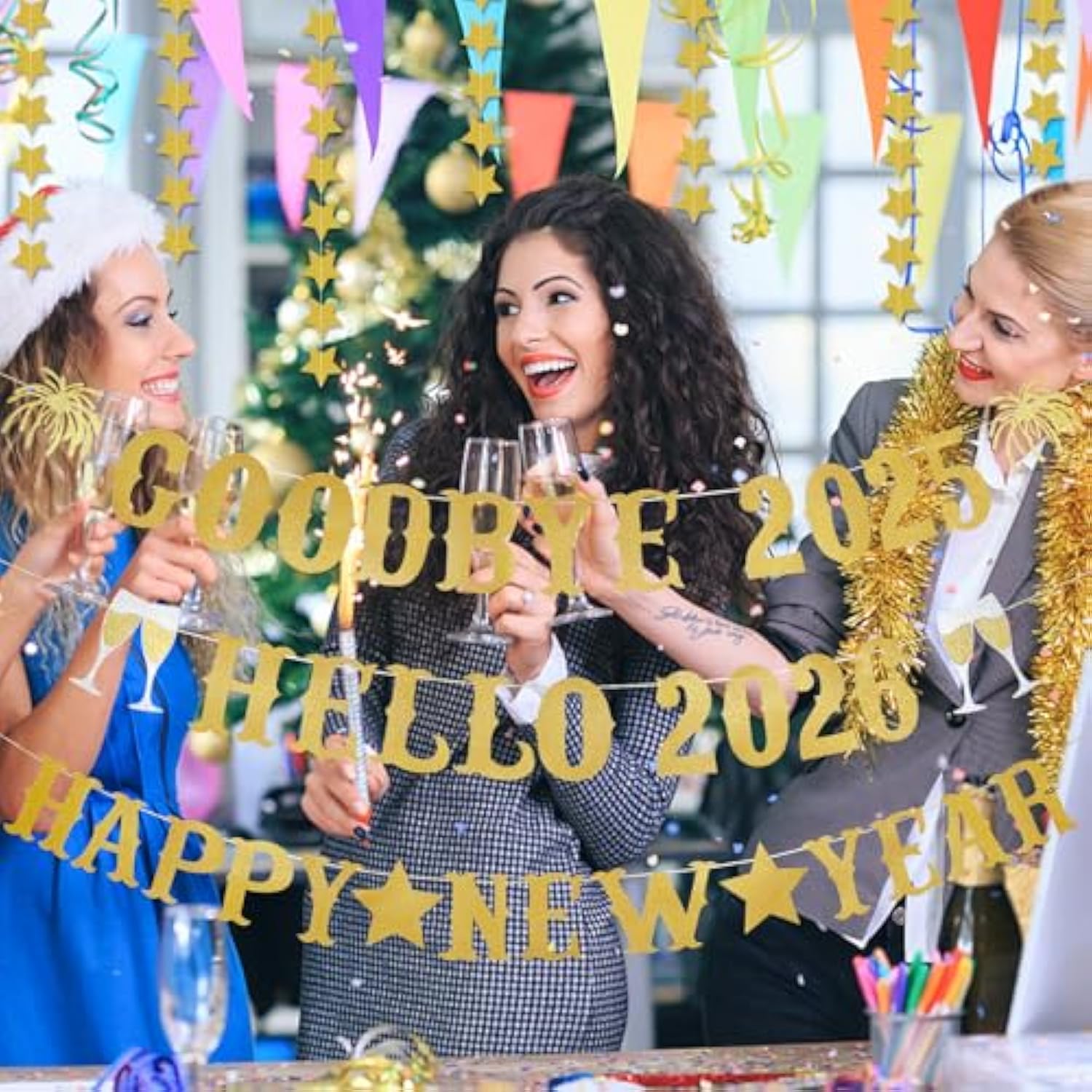 Gold Glitter Goodbye 2025 Hello 2026 Banner New Year’s Eve Party Decor