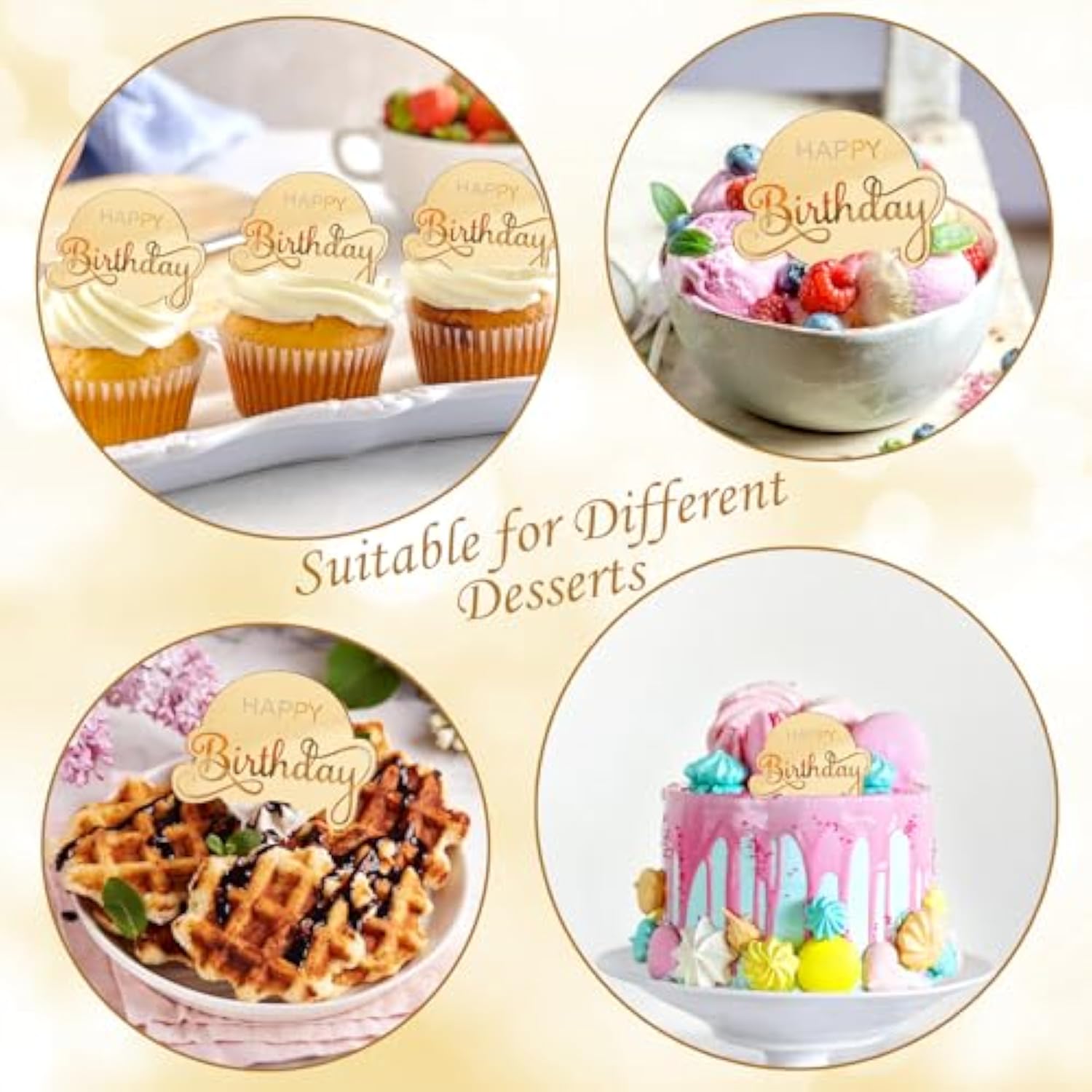 20 Pcs Mirror Acrylic Cupcake Toppers Gold Happy Birthday Cake Topper Engraved Cake Picks Cupcake Disc For Princess Theme Baby Shower Party Supplies