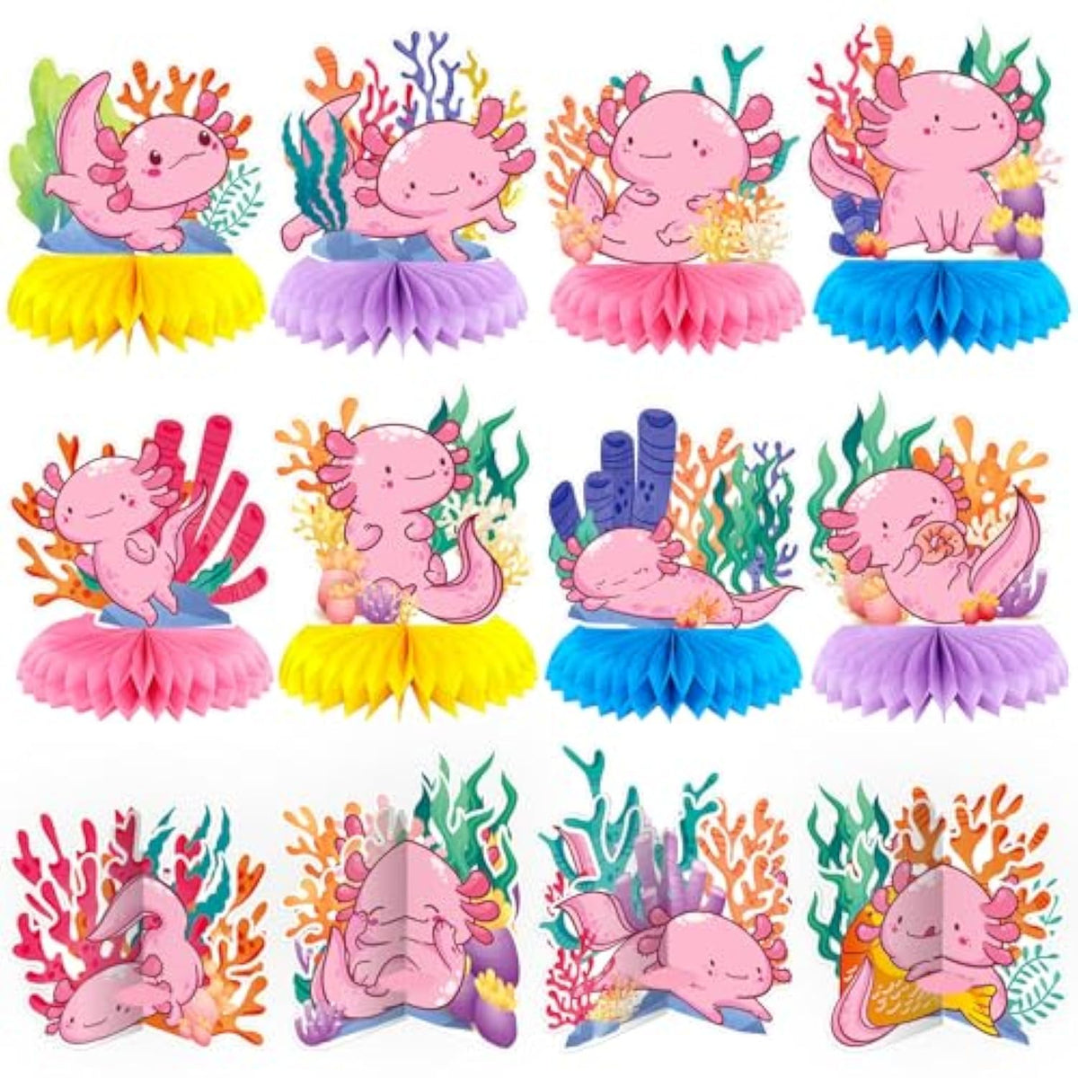 12 Pcs Axolotl Birthday Party Decorations Axolotl Honeycomb Centerpieces Table Decoration 3D Double Side Cute Table Topper For Axolotl Backdrop Party Favor