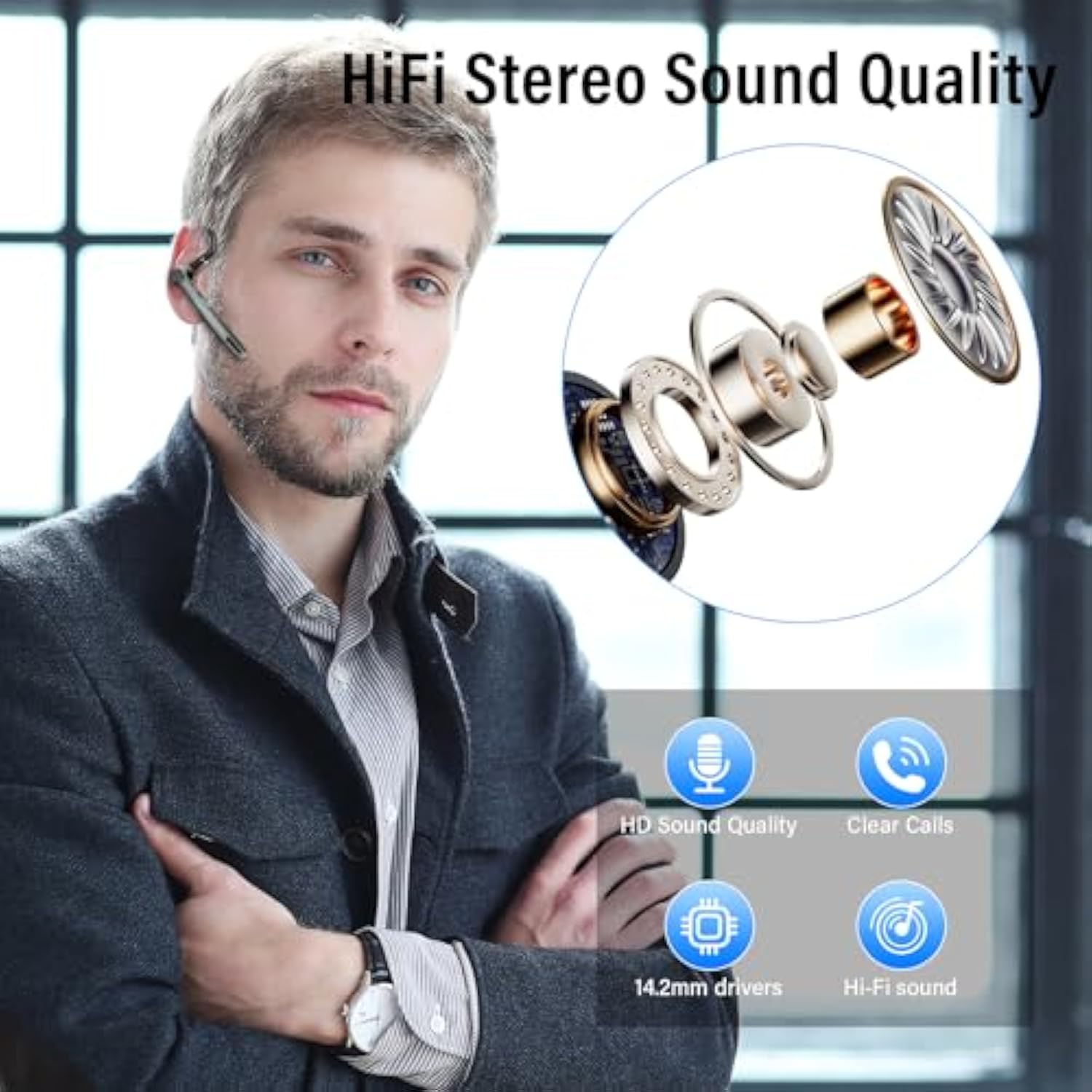 Bluetooth Headset, Wireless Headset With Enc Mic, 60H Talking Time Single-Ear Bluetooth Earpiece V5.3 With 400Mah Charging Case, Ip7 Waterproof Hand-Free Headphones For Ios Android Cell Phones Black