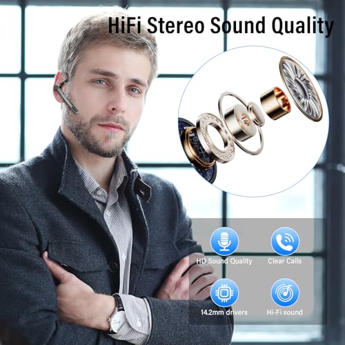 Bluetooth Headset, 2026 Wireless Bluetooth 5.3 Earpiece, 60Hrs Single-Ear Headset with Mute Button, Dual Noise Cancelling Mics, IP7 Waterproof Hands