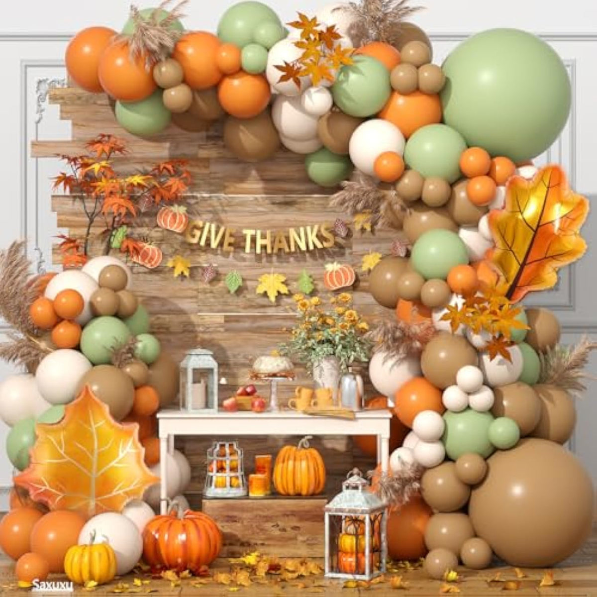 Fall Balloon Garland Arch Kit Brown Orange Green with Maple Leaf for Thanksgiving Party