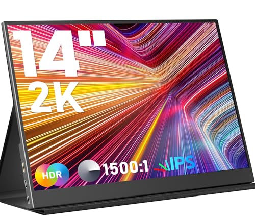 Portable Monitor 14Inch 2K Laptop Monitor Usb C Hdmi Gaming Ultra-Slim Ips Display Smart Cover & Speakers, 2160 * 1440P Screen For Laptop, Hdr External Monitor For Laptop Pc Phone Mac Xbox
