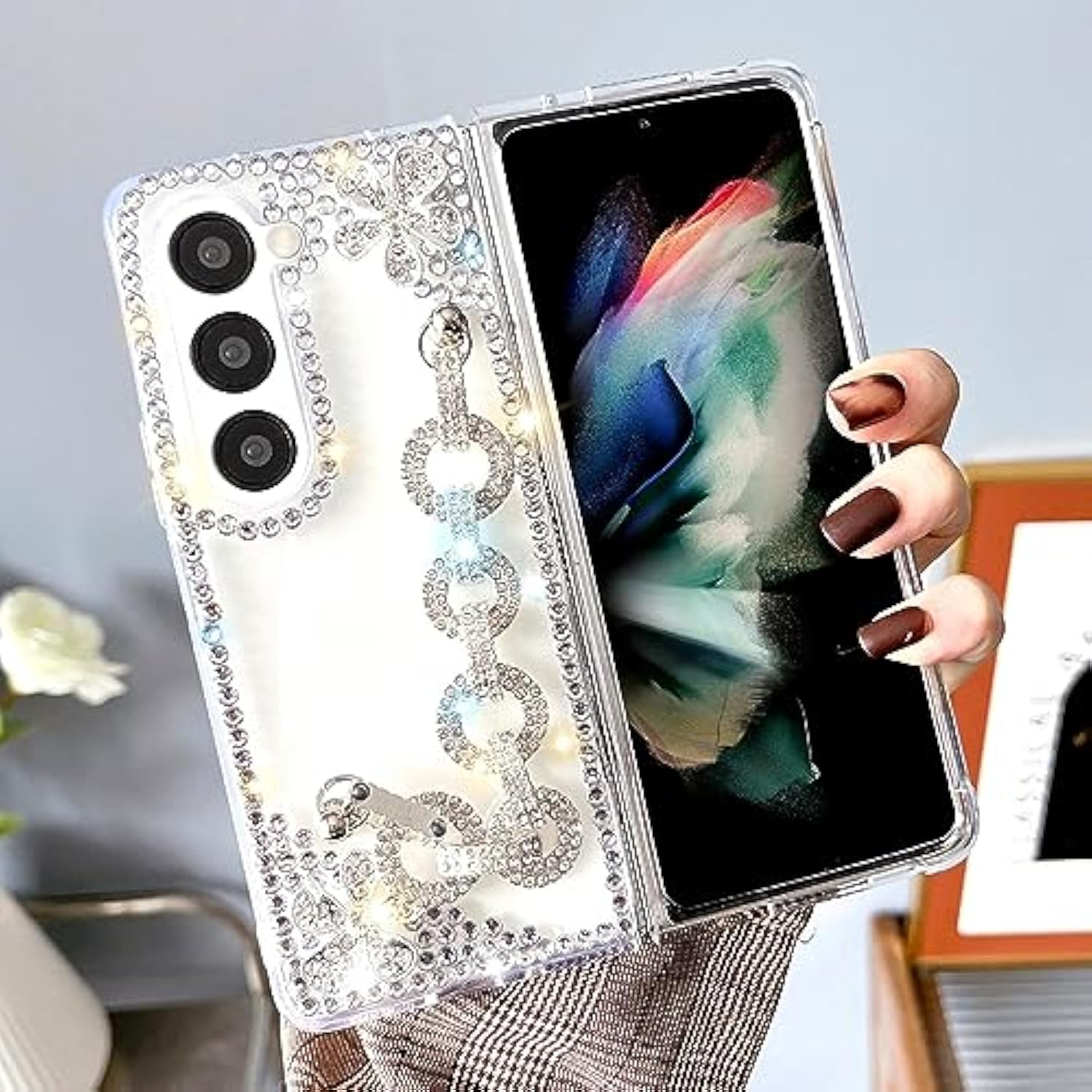 For Galaxy Z Fold 7 Case Cute For Women Girls Luxury 3D Handmade Sparkle Rhinestone Pearl Strap Chain Bracelet Flowers Crystal Diamond Bling Glitter Slim Hard Pc Shockproof Cover, Crystal